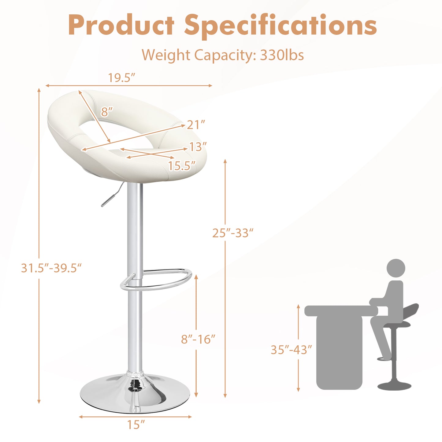 Height Adjustable Bar Stools Set of 2 with Hollow Back and Footrest, White Bar Stools at Gallery Canada