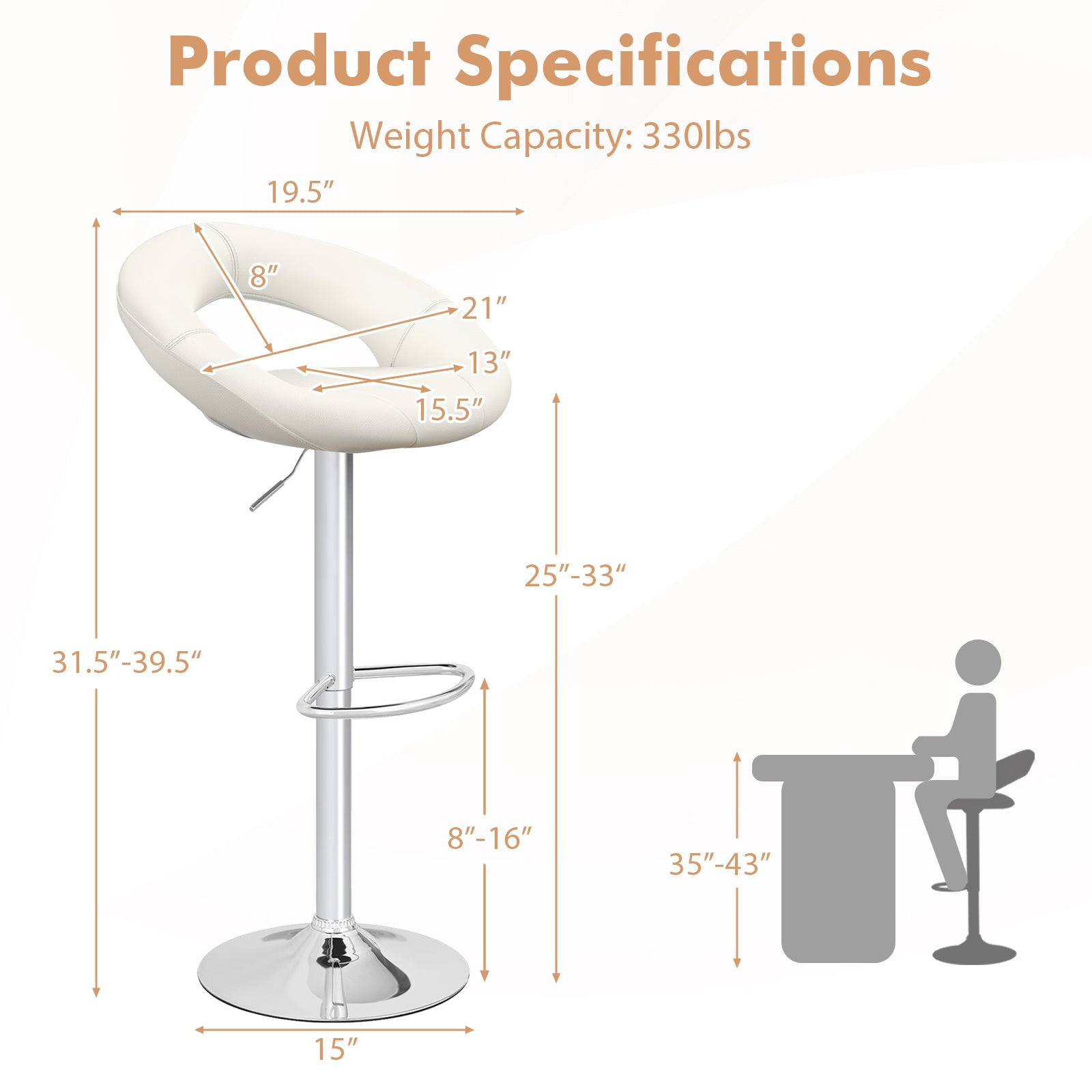 Height Adjustable Bar Stools Set of 2 with Hollow Back and Footrest, White Bar Stools at Gallery Canada