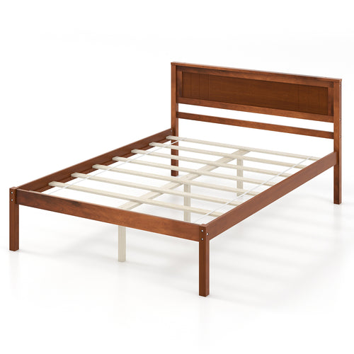 Full Size Bed Frame With Wooden Headboard, Slat Support, Walnut