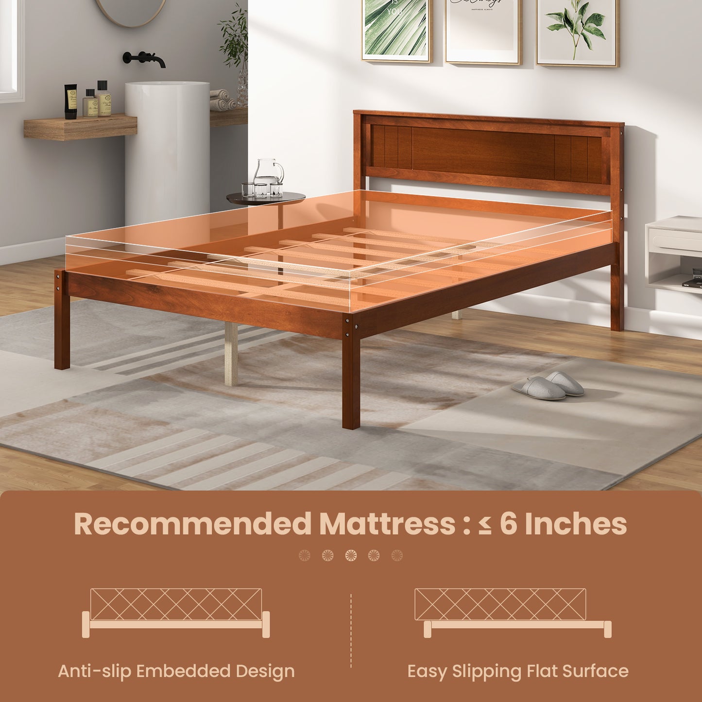 Full Size Bed Frame With Wooden Headboard, Slat Support, Walnut Simple Bed Frame at Gallery Canada