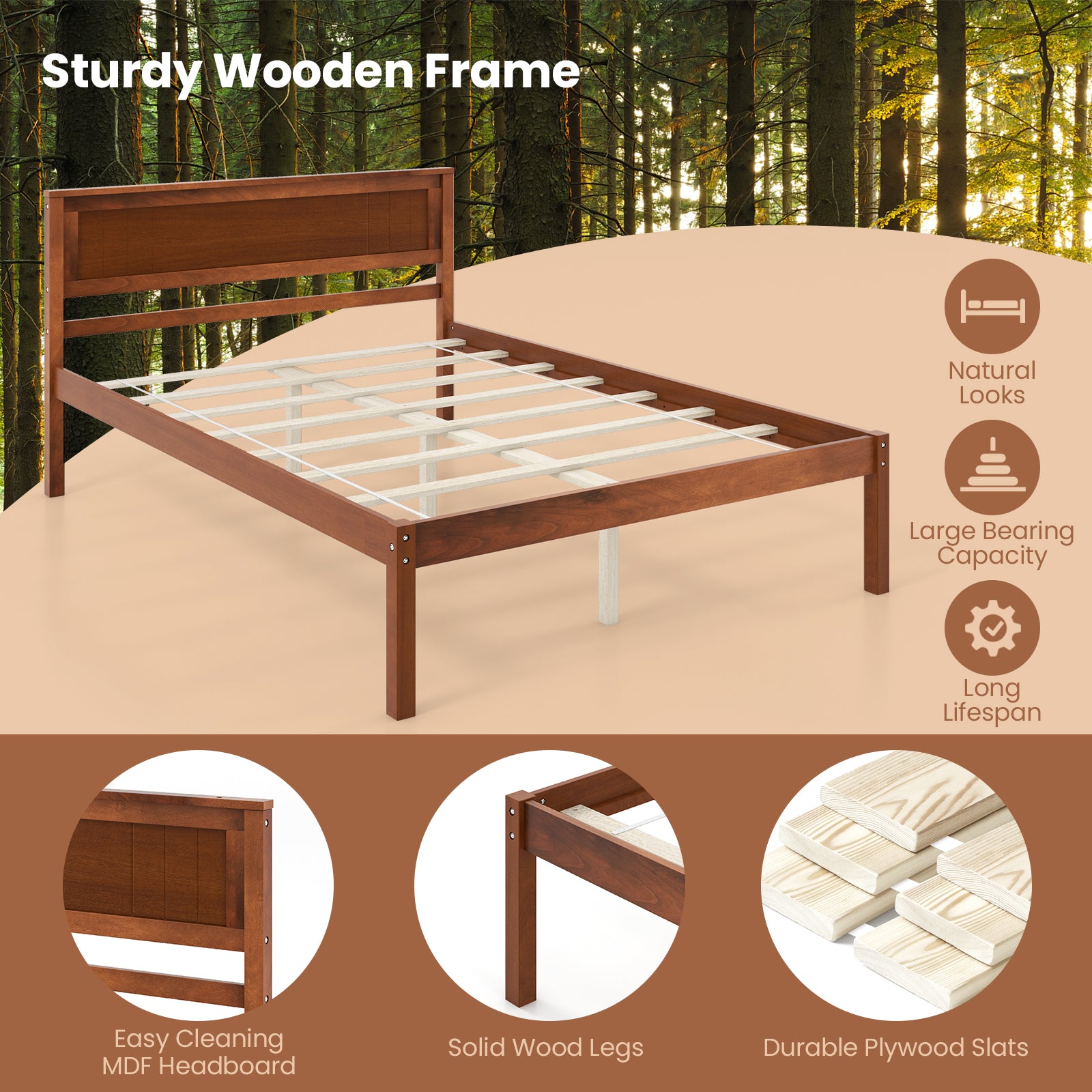 Twin/Full/Queen Size Bed Frame with Wooden Headboard and Slat Support-Full Size, Walnut Simple Bed Frame at Gallery Canada