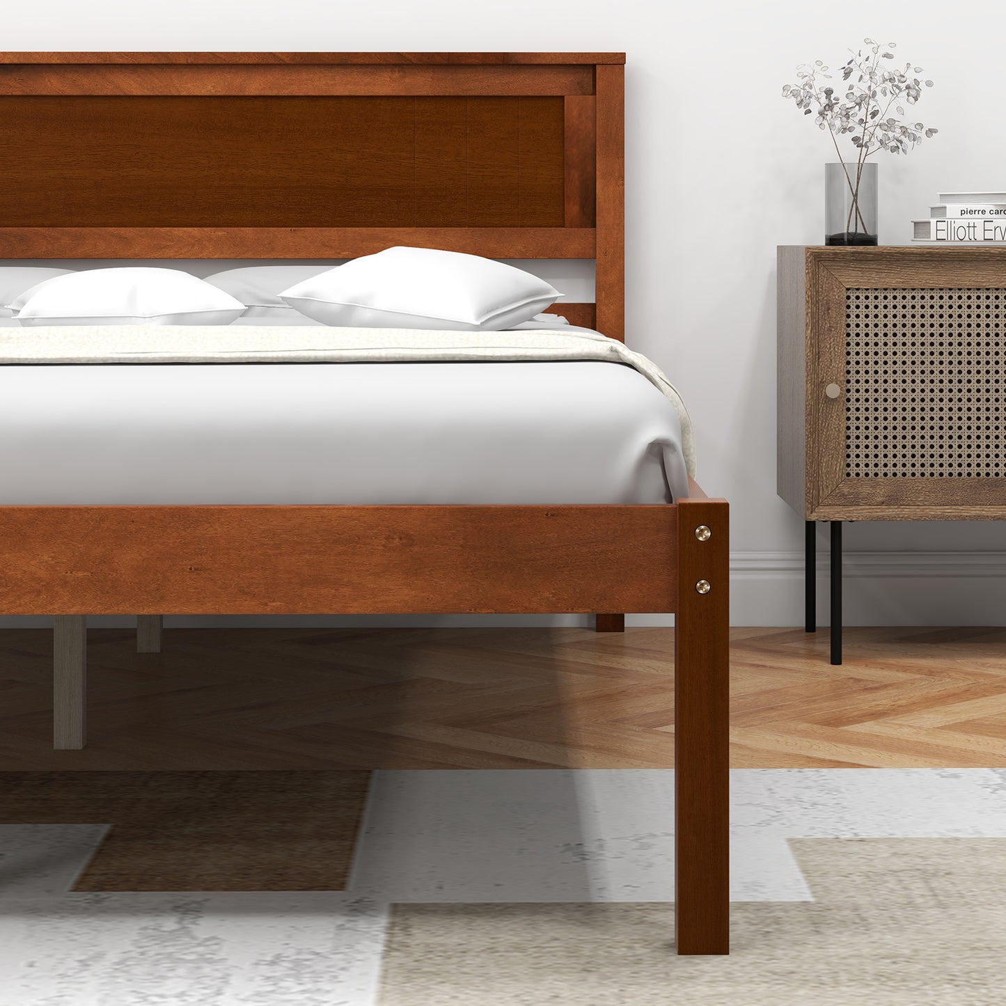 Twin/Full/Queen Size Bed Frame with Wooden Headboard and Slat Support-Full Size, Walnut Simple Bed Frame at Gallery Canada