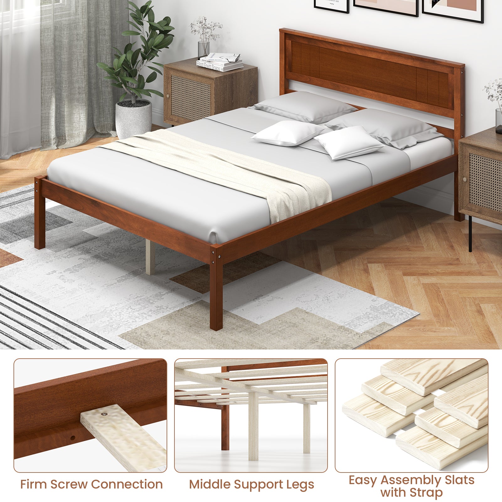 Twin/Full/Queen Size Bed Frame with Wooden Headboard and Slat Support-Full Size, Walnut Simple Bed Frame at Gallery Canada