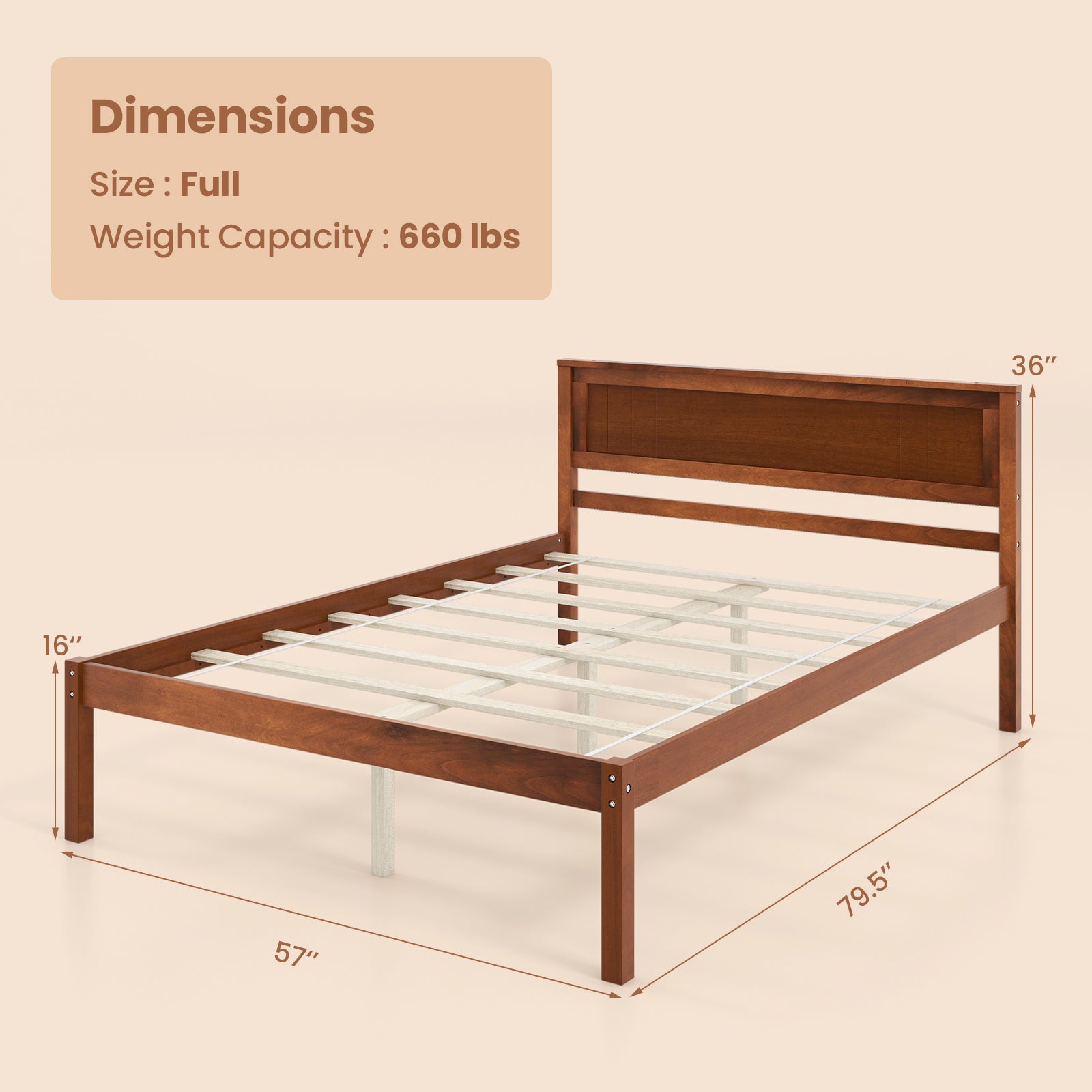 Twin/Full/Queen Size Bed Frame with Wooden Headboard and Slat Support-Full Size, Walnut Simple Bed Frame at Gallery Canada
