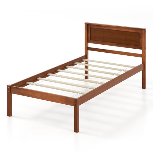 Twin Size Bed Frame With Wooden Headboard, Slat Support, Walnut