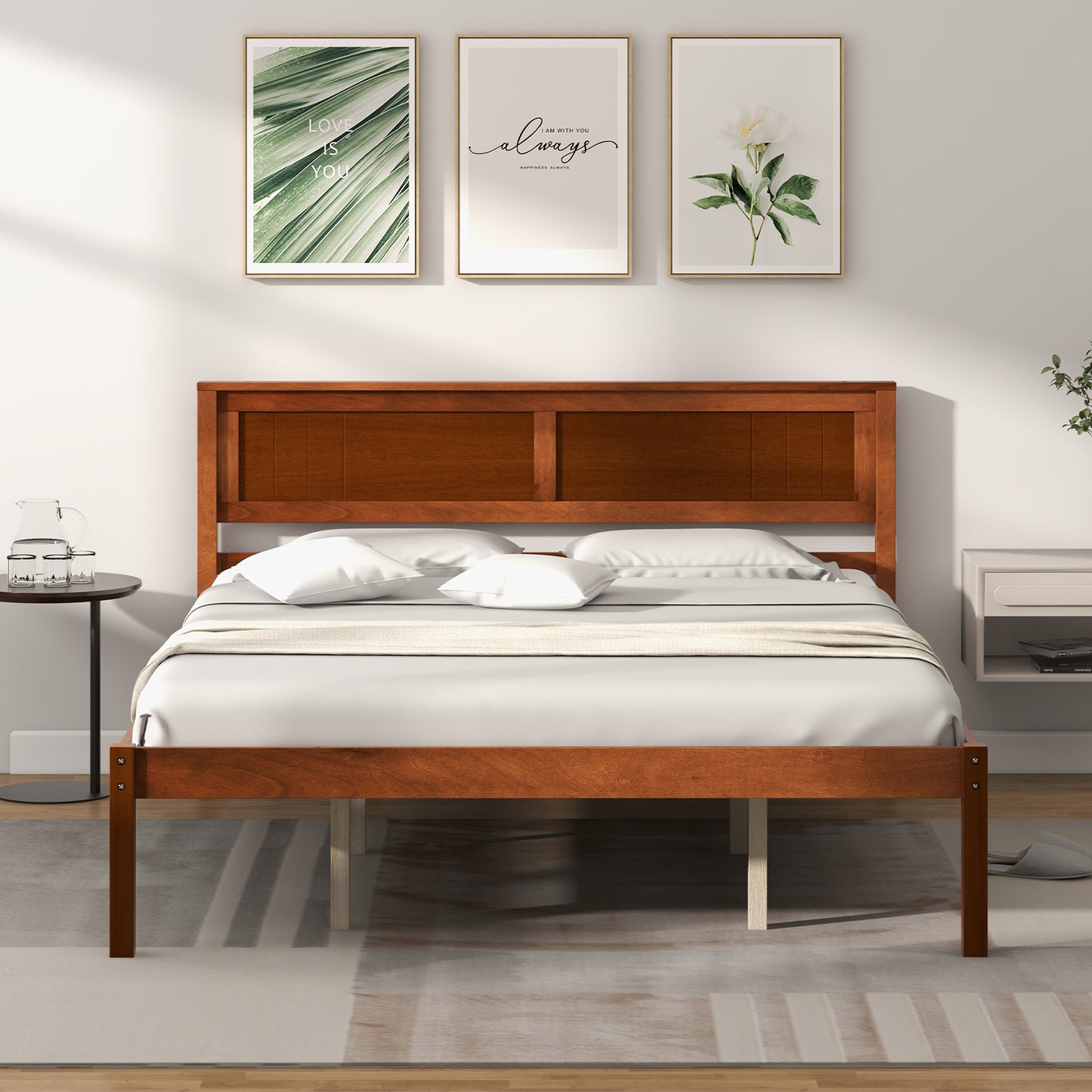 Twin/Full/Queen Size Bed Frame with Wooden Headboard and Slat Support-Queen Size, Walnut Simple Bed Frame at Gallery Canada