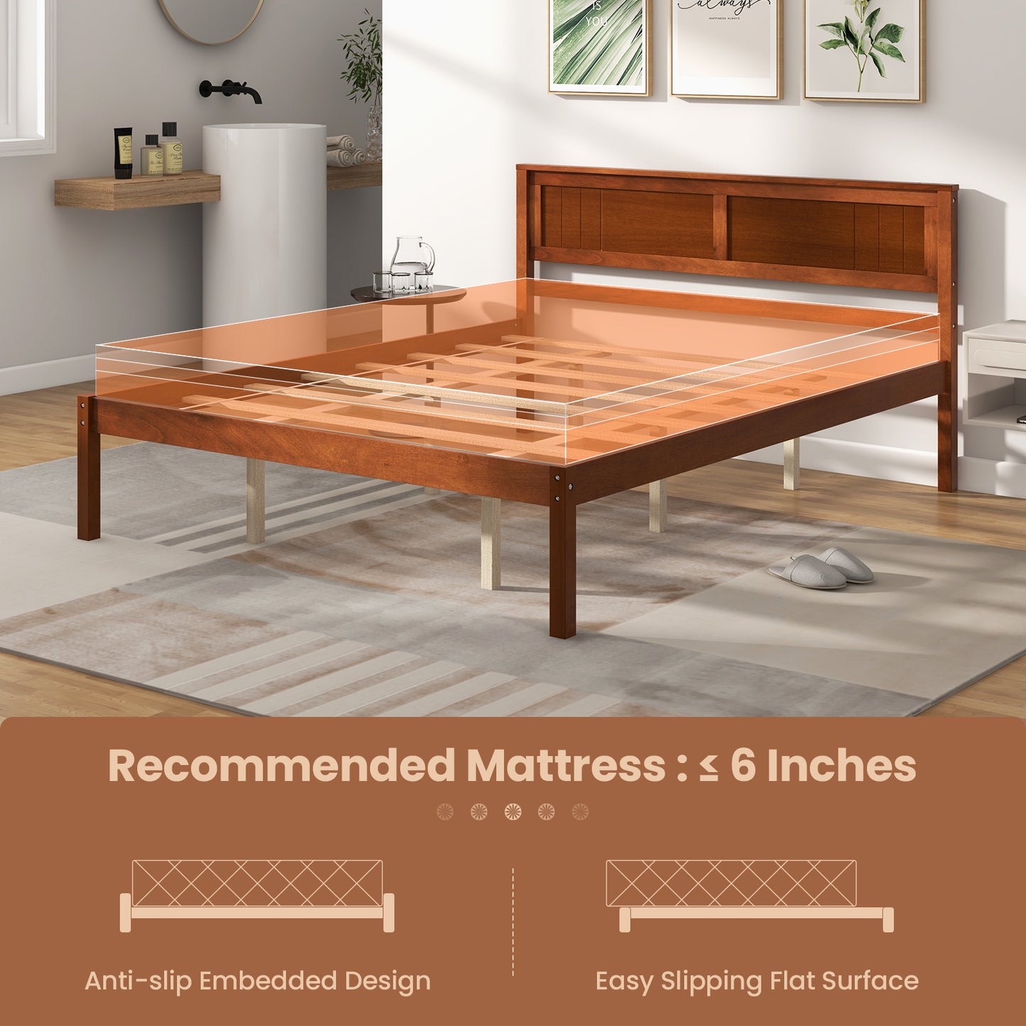 Twin/Full/Queen Size Bed Frame with Wooden Headboard and Slat Support-Queen Size, Walnut Simple Bed Frame at Gallery Canada