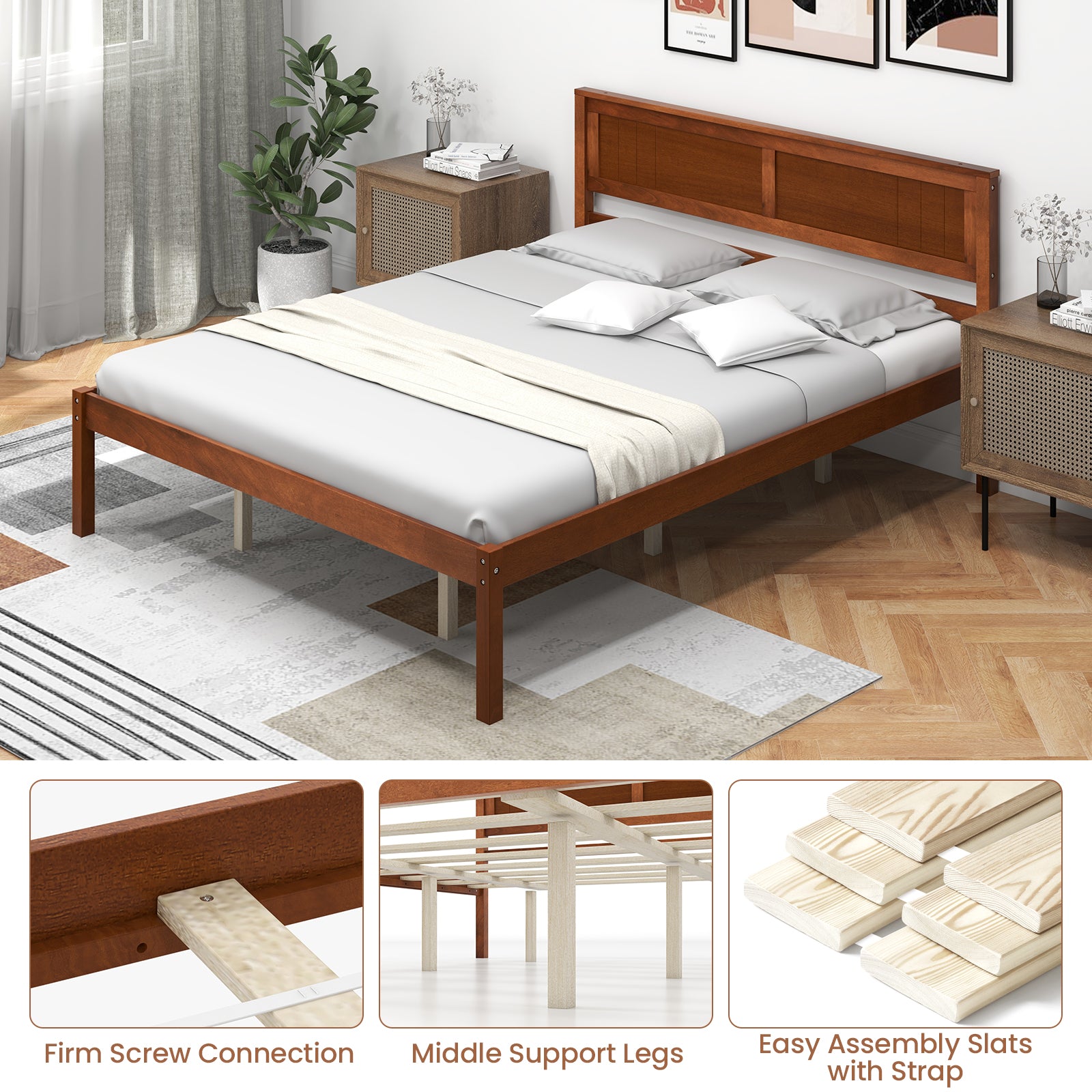 Twin/Full/Queen Size Bed Frame with Wooden Headboard and Slat Support-Queen Size, Walnut Simple Bed Frame at Gallery Canada
