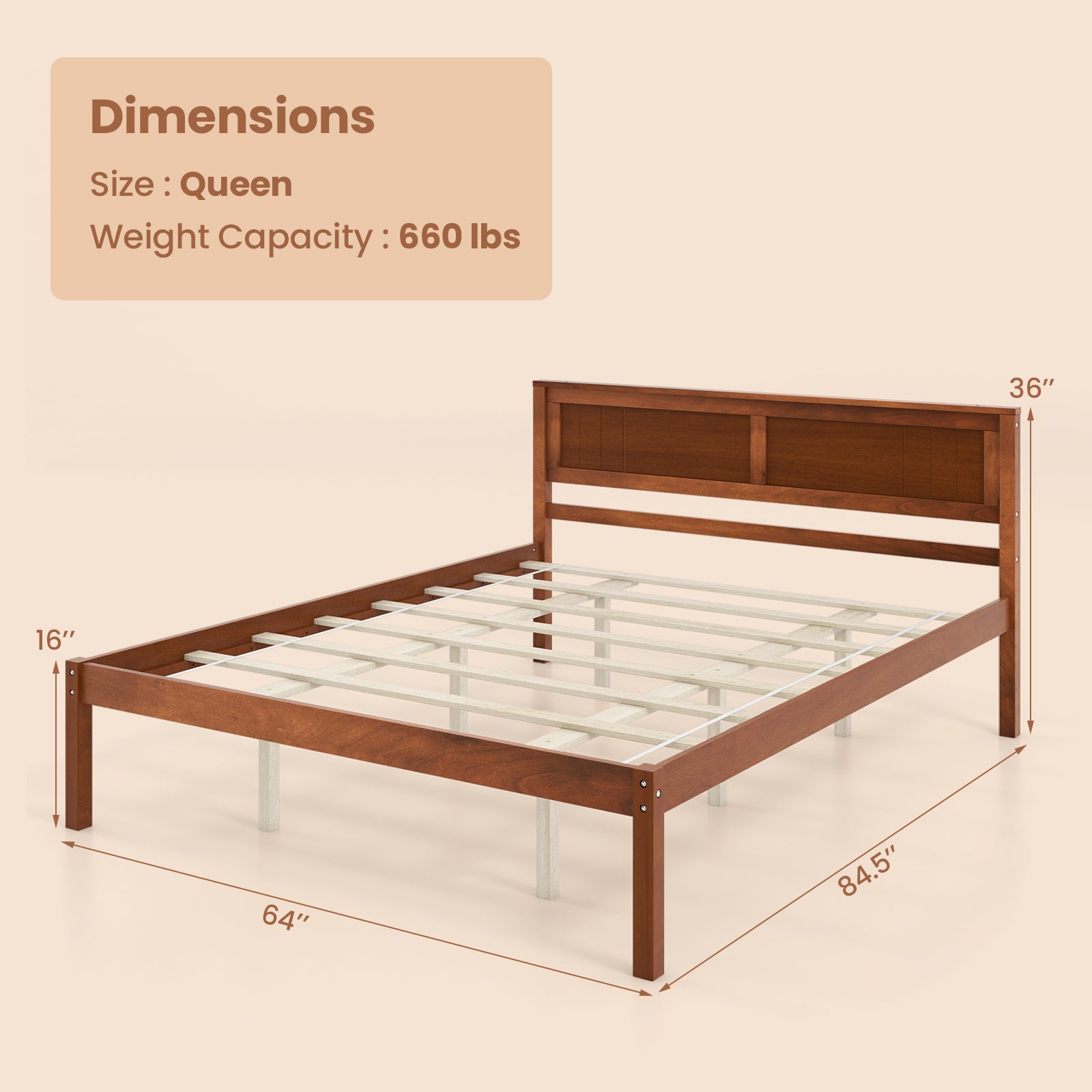 Twin/Full/Queen Size Bed Frame with Wooden Headboard and Slat Support-Queen Size, Walnut Simple Bed Frame at Gallery Canada
