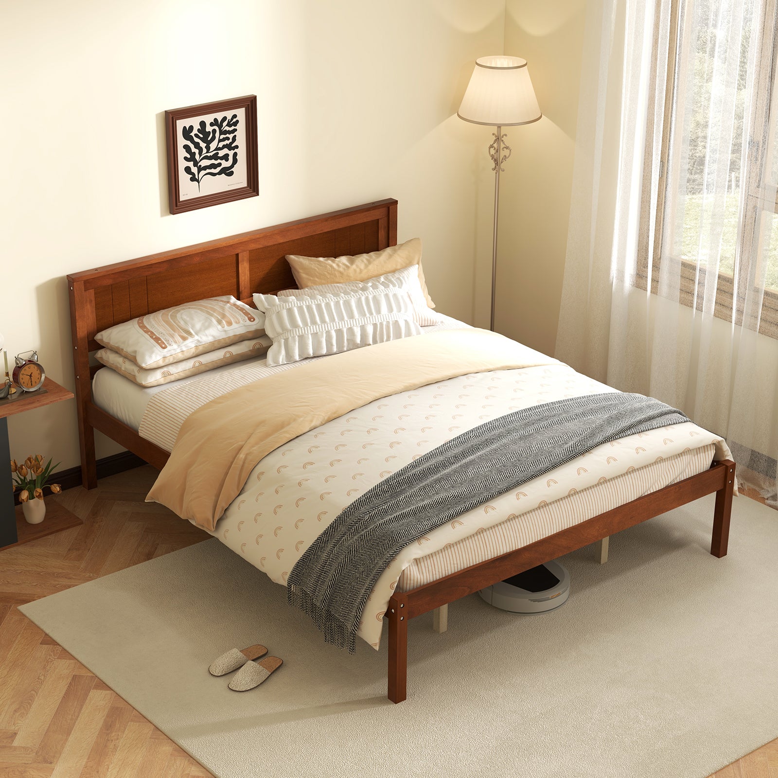 Twin/Full/Queen Size Bed Frame with Wooden Headboard and Slat Support-Queen Size, Walnut Simple Bed Frame at Gallery Canada