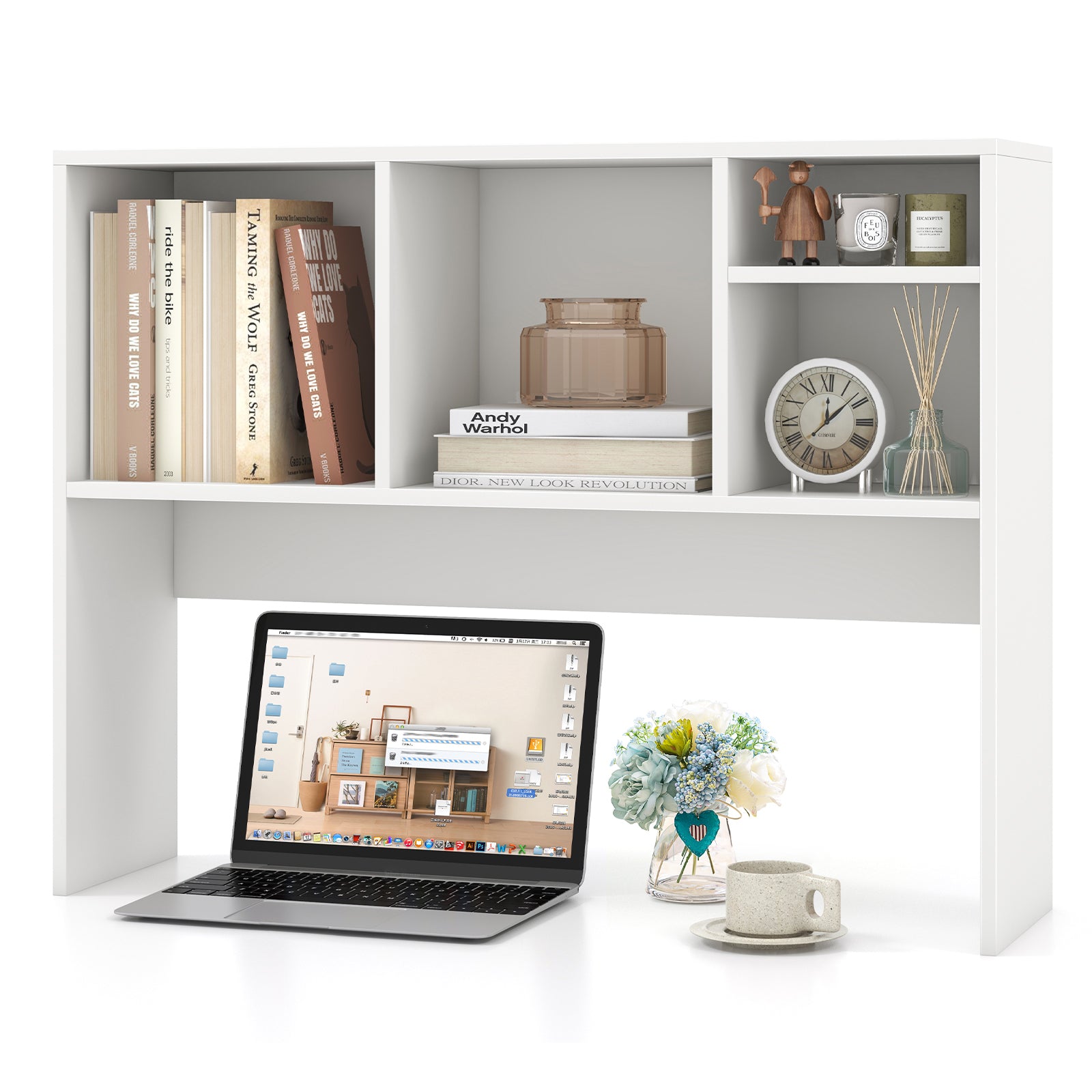 Computer Desktop Bookcase with 4 Cubbies and Open Back Compartment, White Bookcases White at Gallery Canada