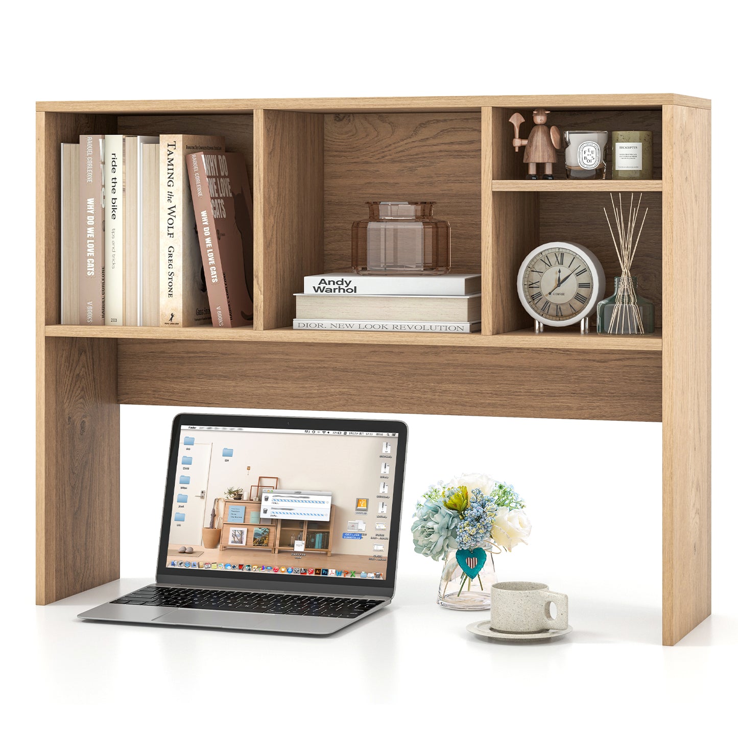 Computer Desktop Bookcase, 4 Cubbies, Open Back, Natural Bookcases at Gallery Canada