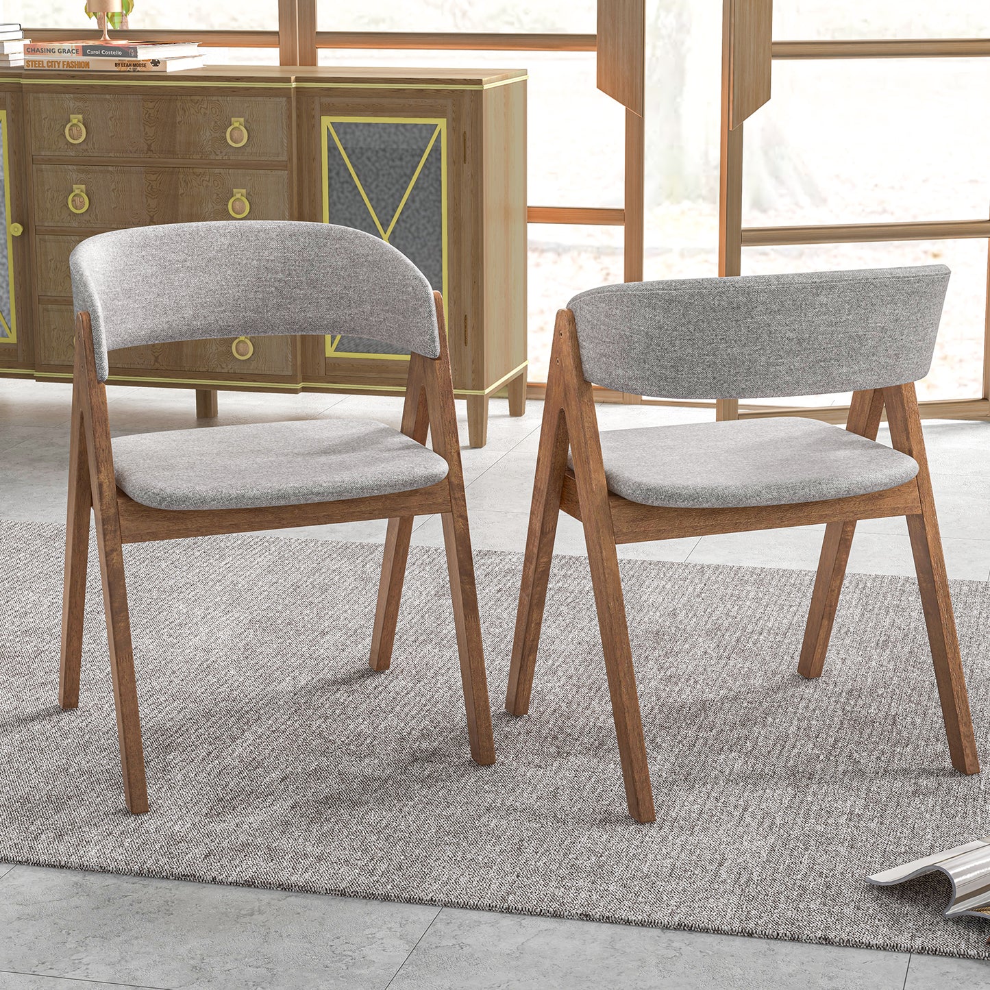 Set of 2 Soft Padded Accent Armchairs for Dining Room-Walnut and Grey, Walnut Accent Chairs at Gallery Canada