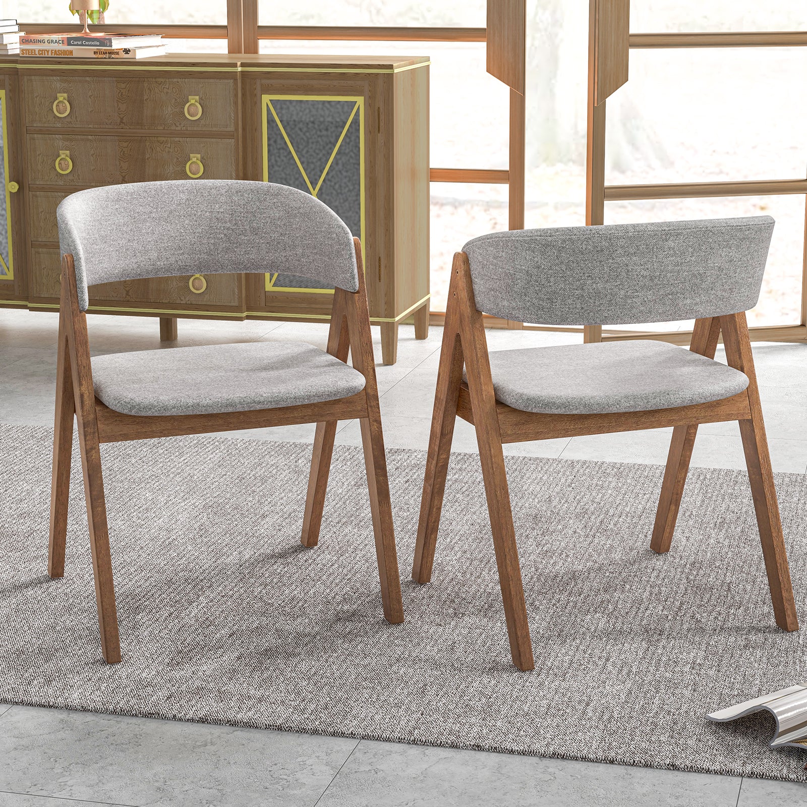 Set of 2 Soft Padded Accent Armchairs for Dining Room-Walnut and Grey, Walnut Accent Chairs at Gallery Canada