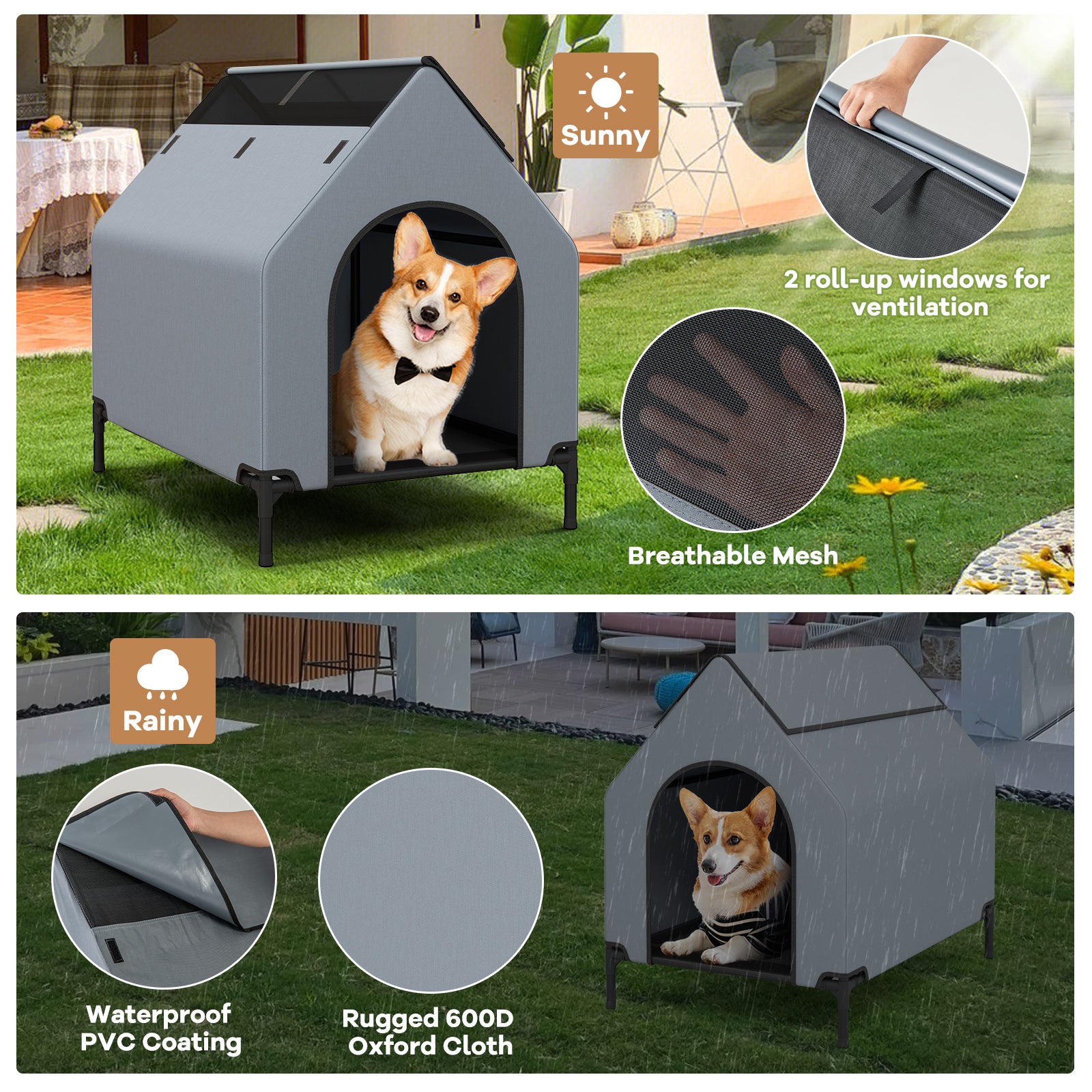 Large/Middle/Small Outdoor Elevated Pet House with Ventilated Windows-S, Gray Dog Supplies at Gallery Canada