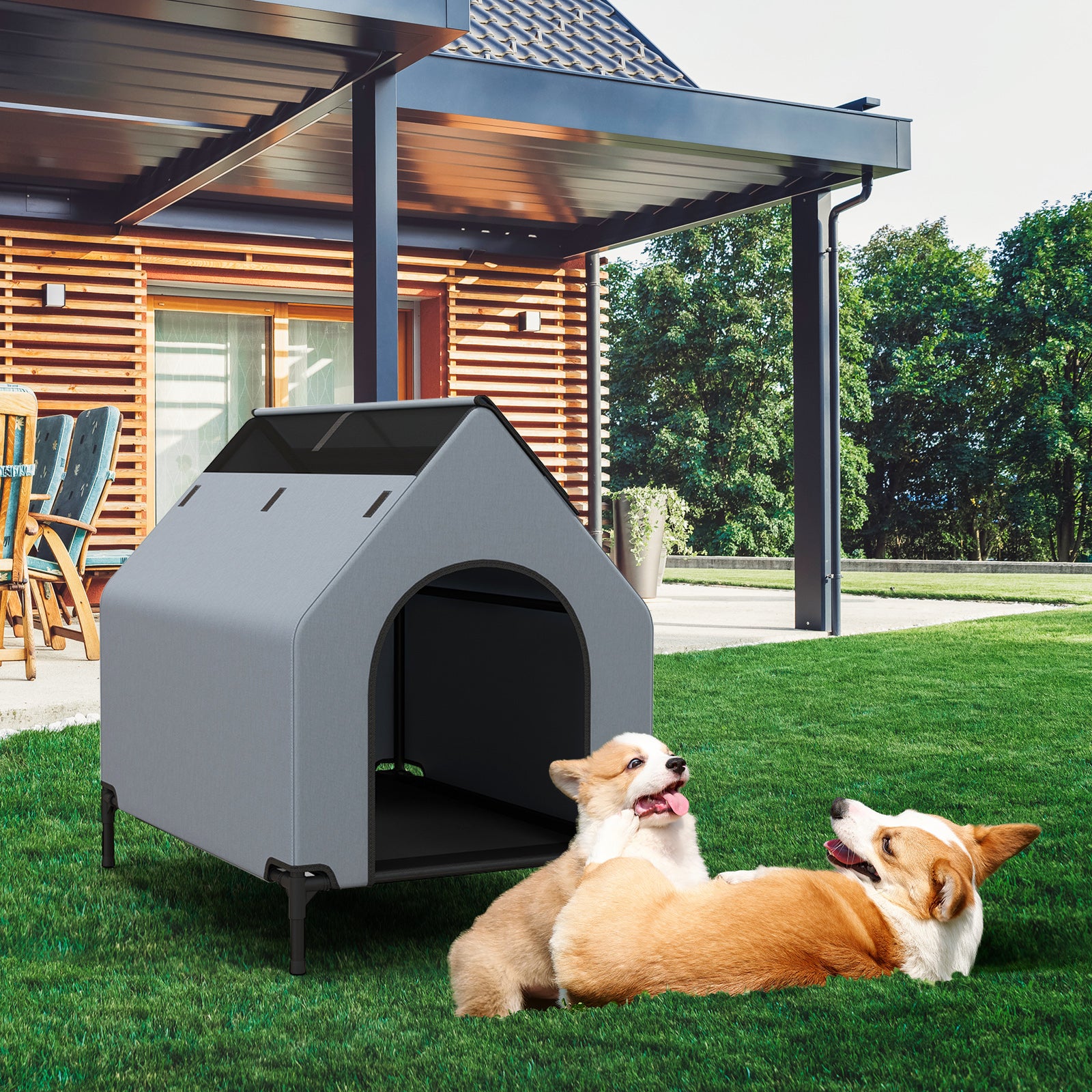 Large/Middle/Small Outdoor Elevated Pet House with Ventilated Windows-S, Gray Dog Supplies at Gallery Canada