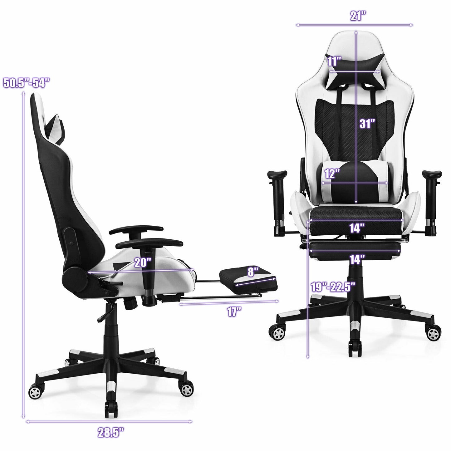 PU Leather Gaming Chair with USB Massage Lumbar Pillow and Footrest, White Gaming Chairs at Gallery Canada