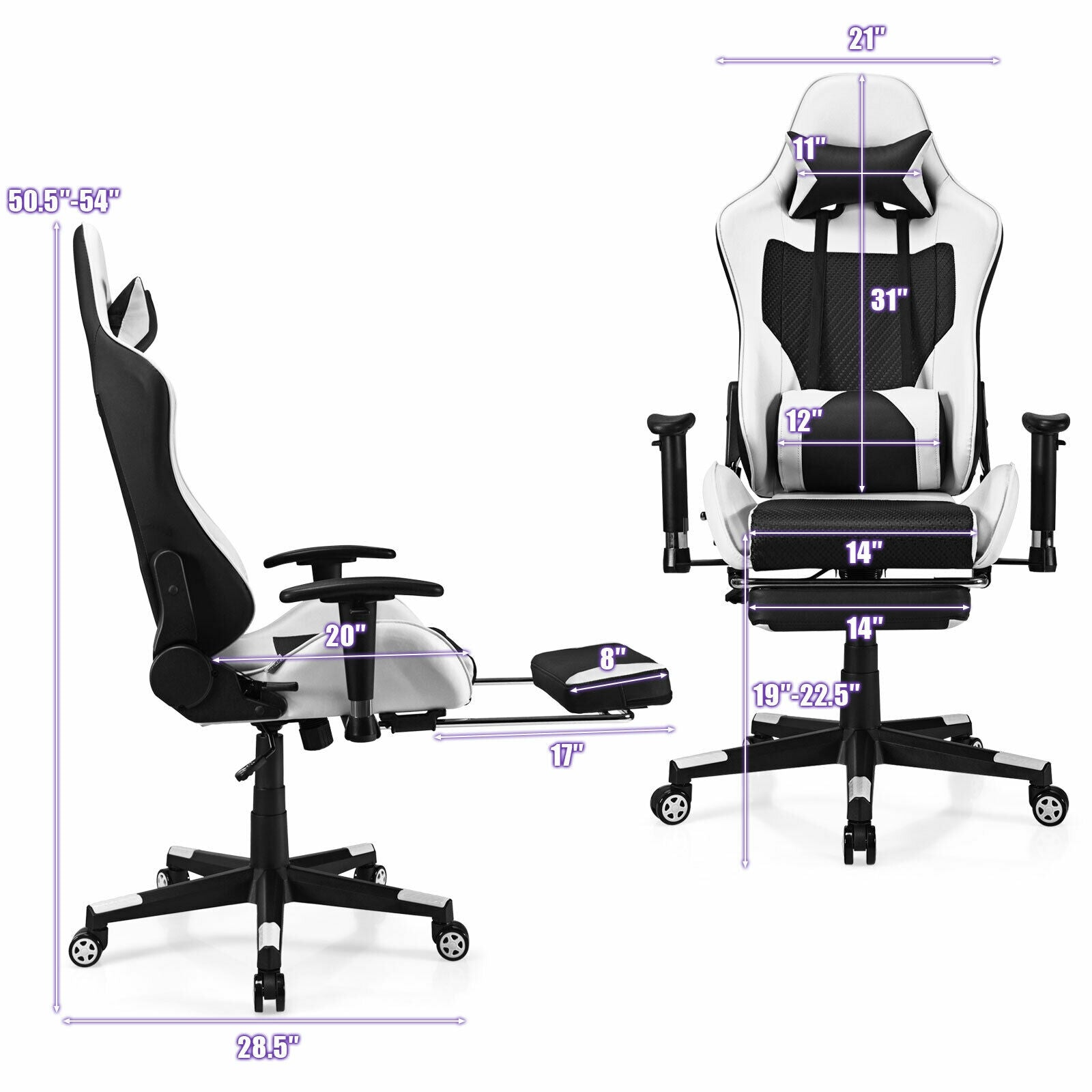 PU Leather Gaming Chair with USB Massage Lumbar Pillow and Footrest, White Gaming Chairs at Gallery Canada