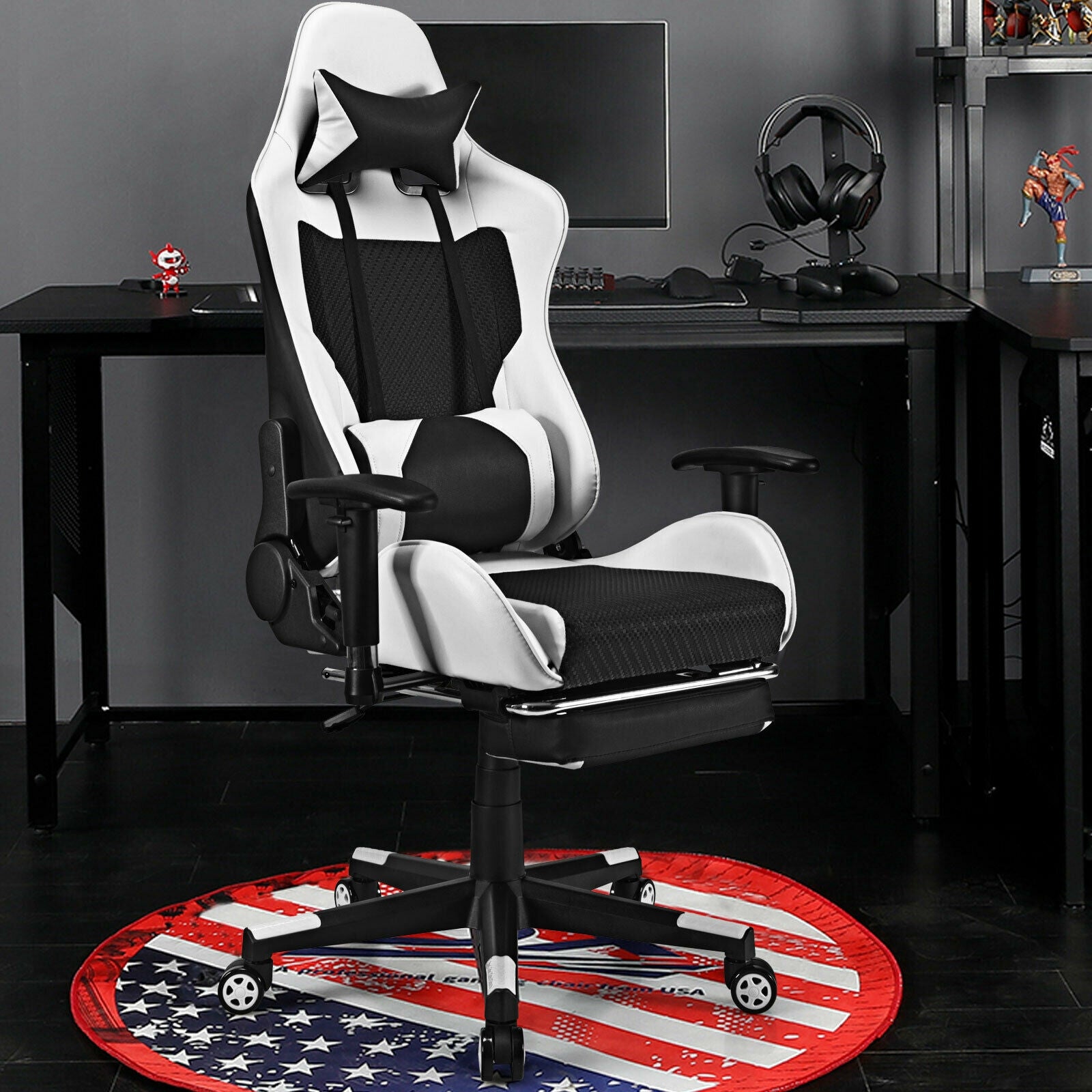 PU Leather Gaming Chair with USB Massage Lumbar Pillow and Footrest, White Gaming Chairs at Gallery Canada