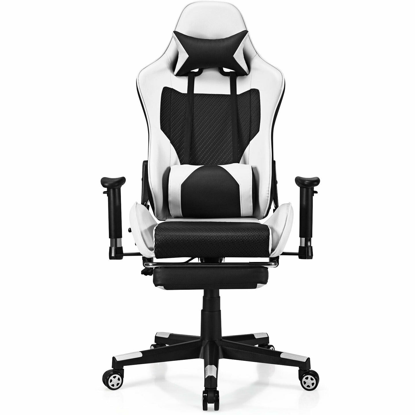 PU Leather Gaming Chair with USB Massage Lumbar Pillow and Footrest, White Gaming Chairs at Gallery Canada