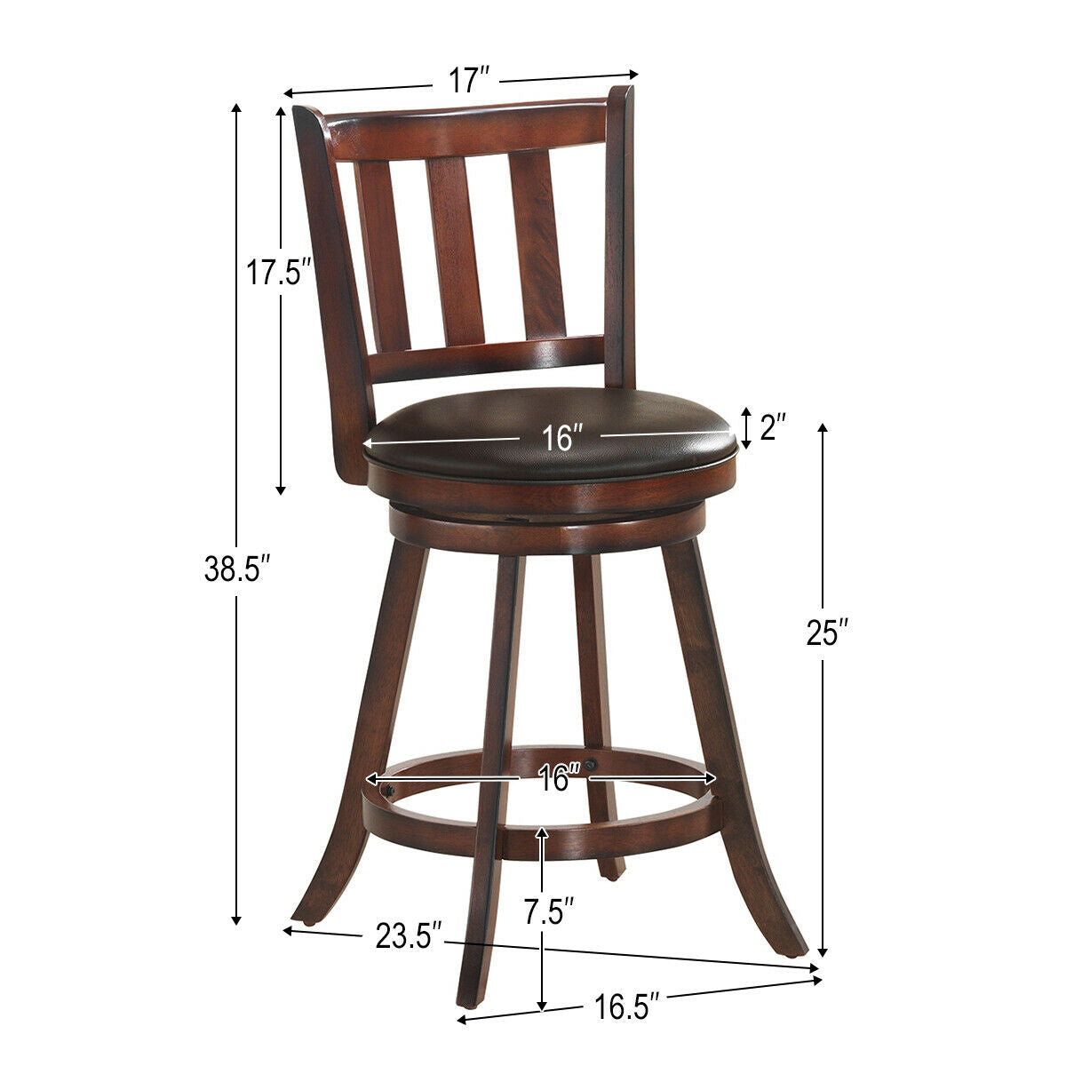 Set of 2 Wood Swivel Counter Height Dining Pub Bar Stools with PVC Cushioned Seat-25 Inch, Brown Bar Stools at Gallery Canada