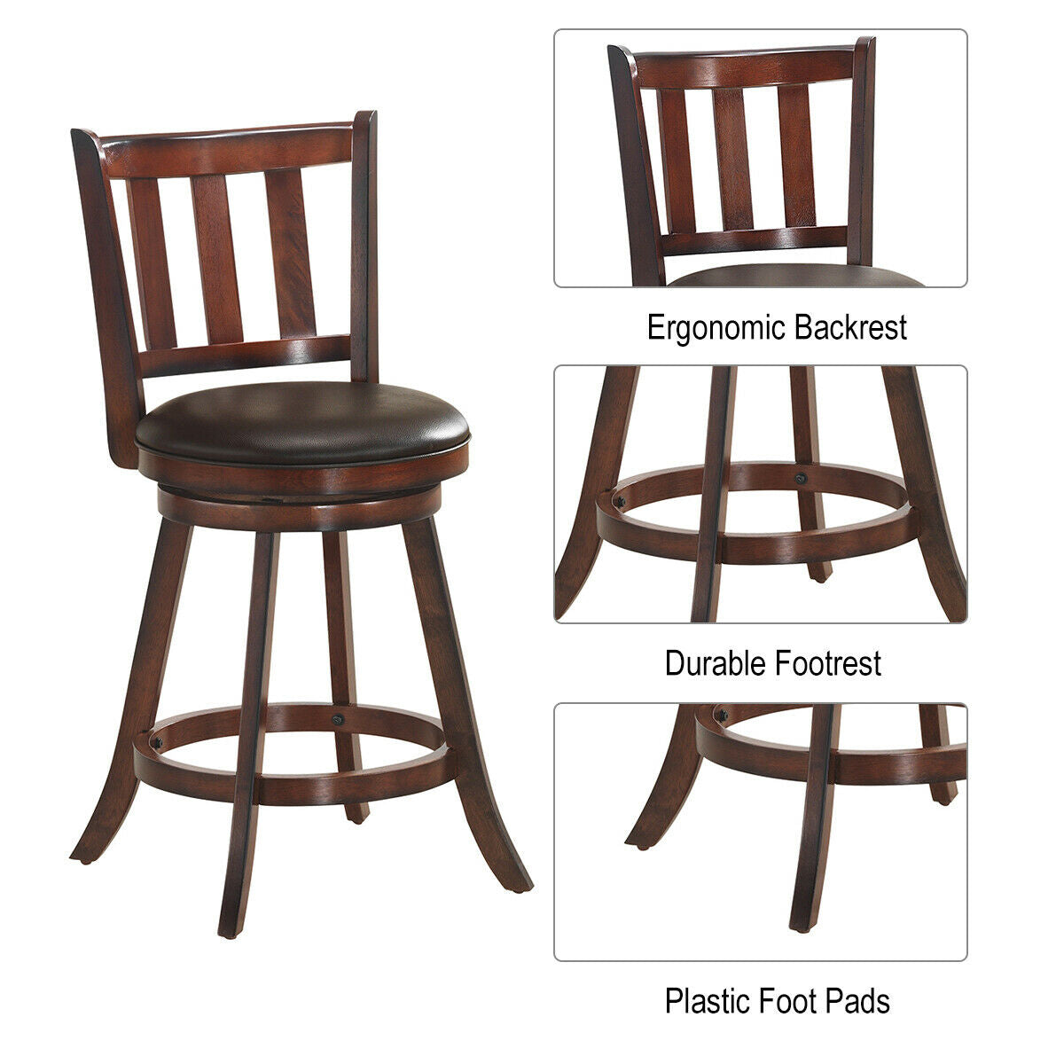 Set of 2 Wood Swivel Counter Height Dining Pub Bar Stools with PVC Cushioned Seat-25 Inch, Brown Bar Stools at Gallery Canada