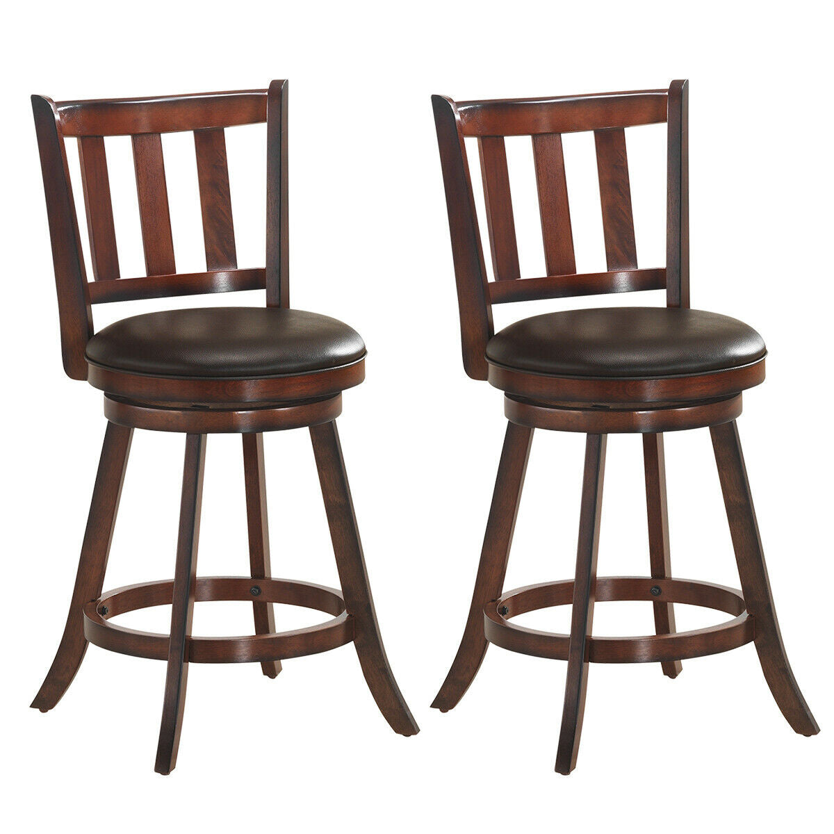 Set of 2 Wood Swivel Counter Height Dining Pub Bar Stools with PVC Cushioned Seat-25 Inch, Brown Bar Stools at Gallery Canada