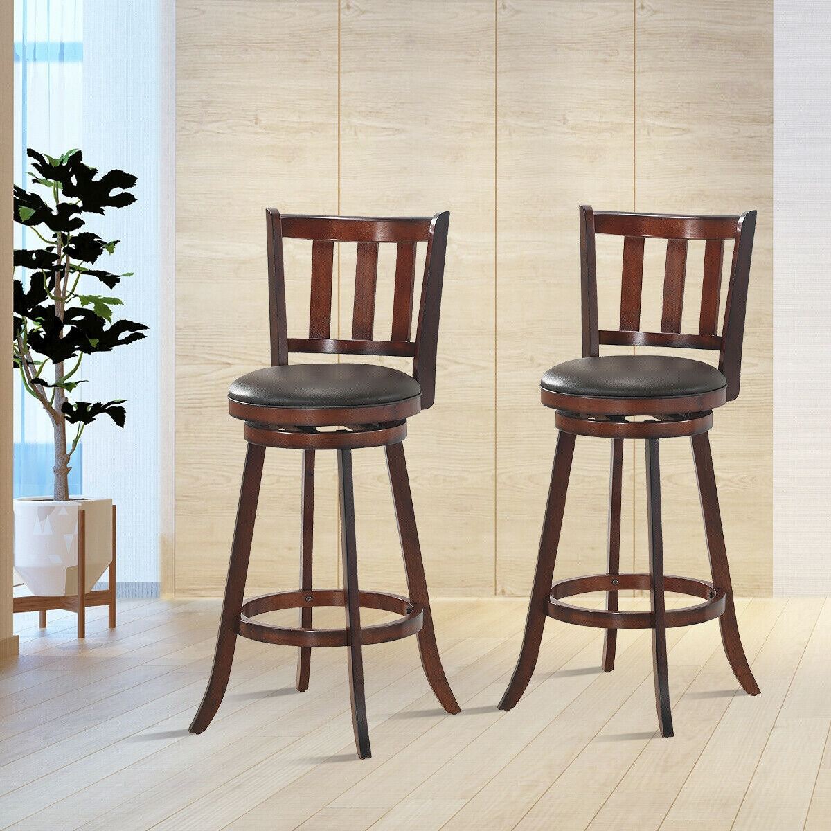 Set of 2 Wood Swivel Counter Height Dining Pub Bar Stools with PVC Cushioned Seat-29 Inch, Brown Bar Stools at Gallery Canada