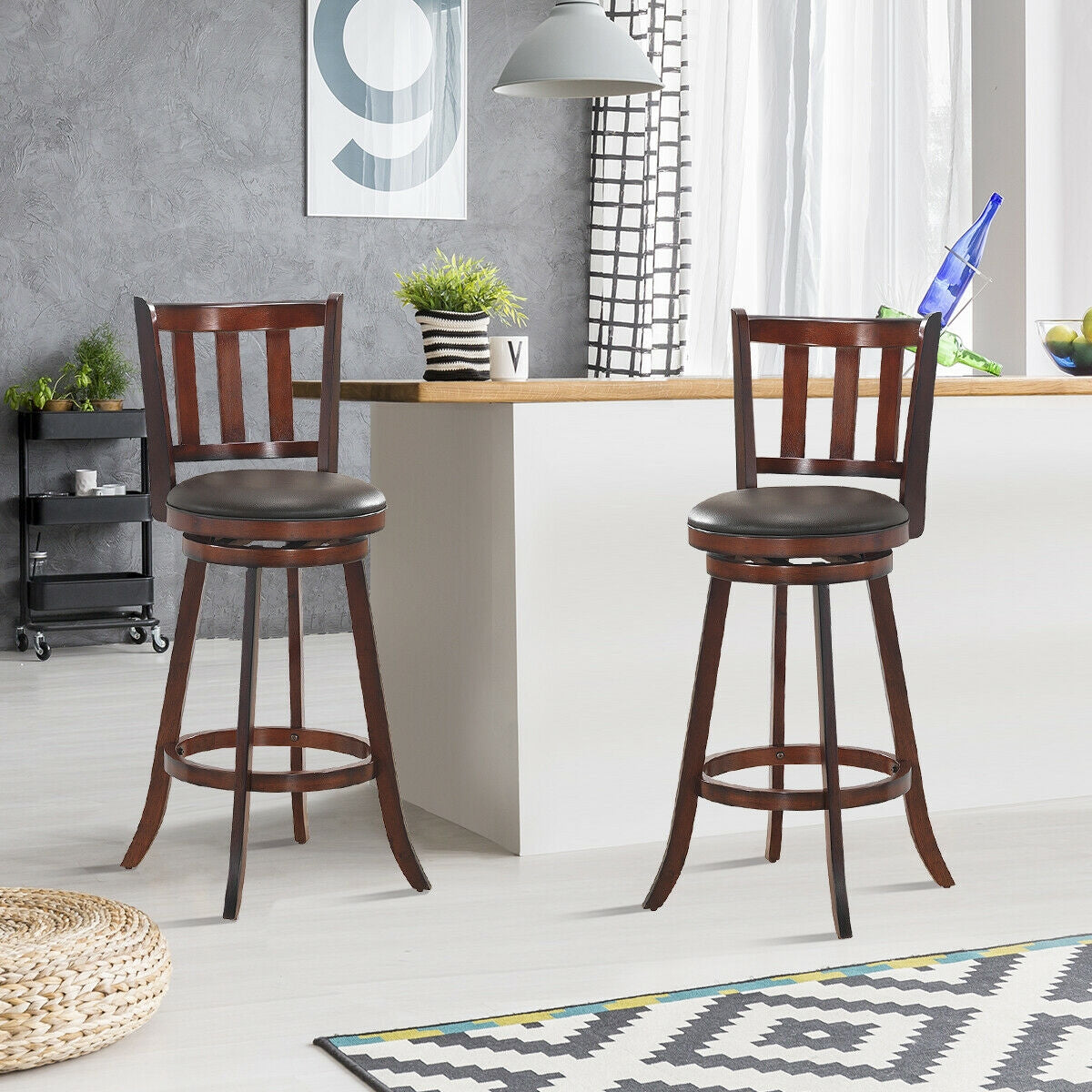 Set of 2 Wood Swivel Counter Height Dining Pub Bar Stools with PVC Cushioned Seat-29 Inch, Brown Bar Stools at Gallery Canada