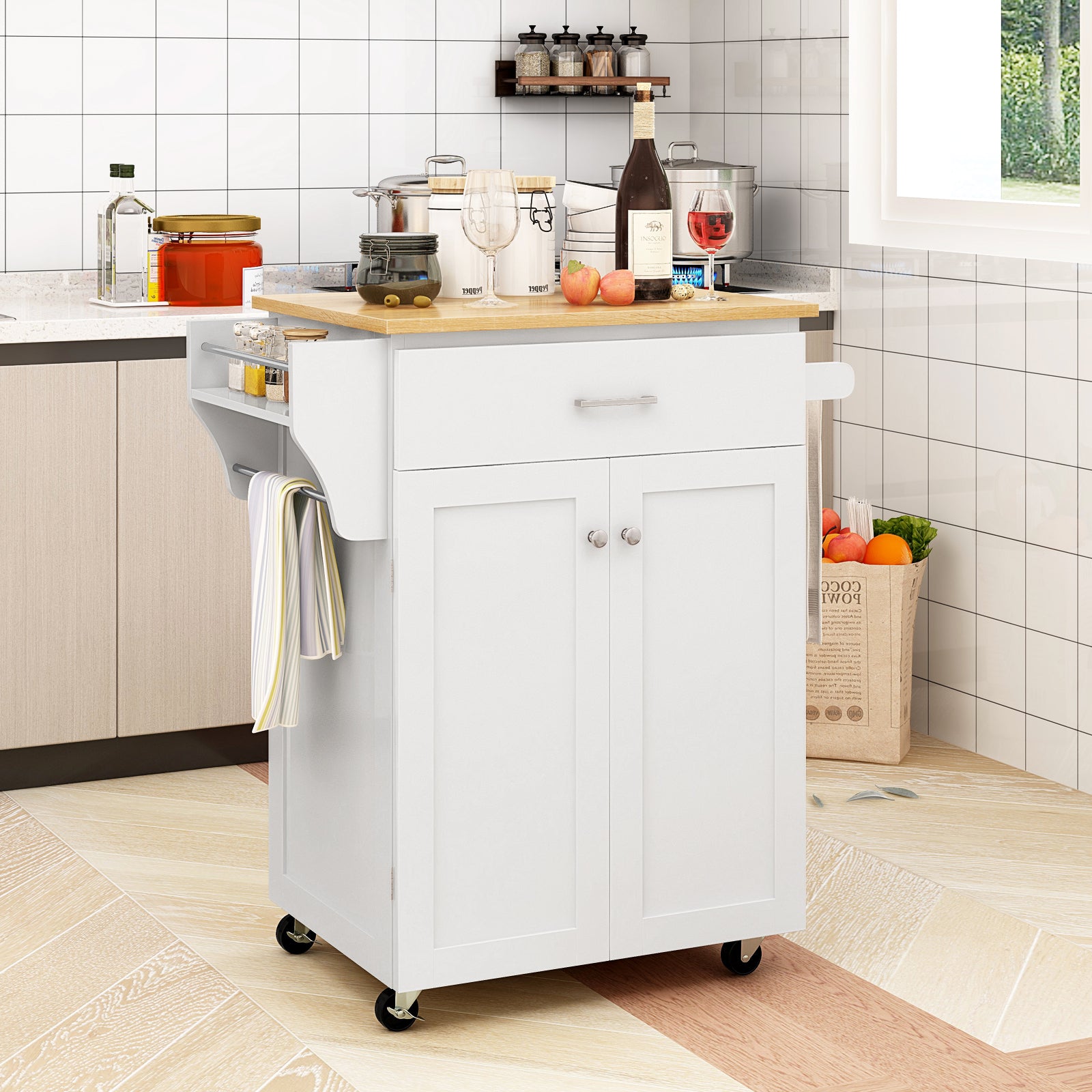 Utility Rolling Storage Cabinet Kitchen Island Cart with Spice Rack, White Kitchen Islands & Carts at Gallery Canada