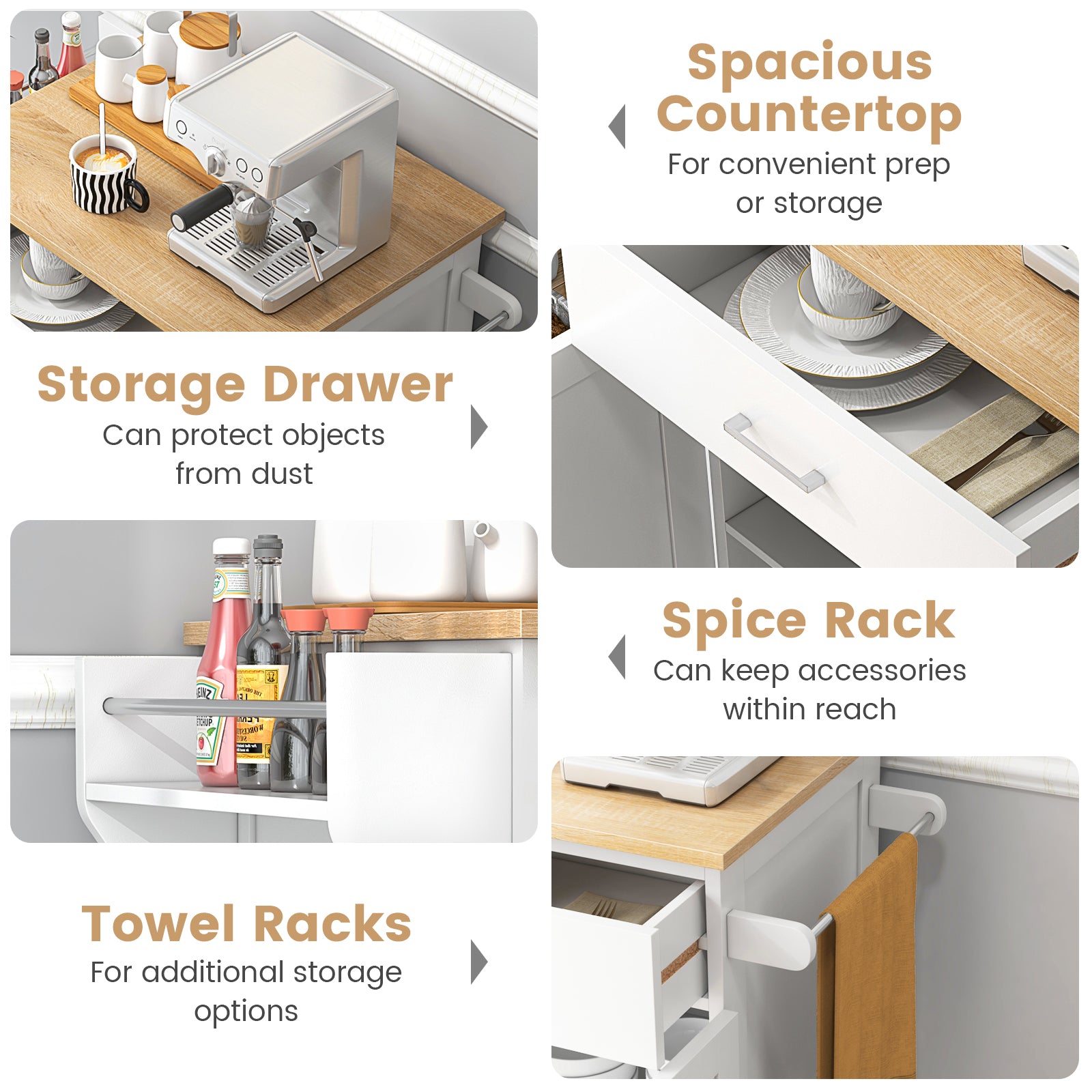 Utility Rolling Storage Cabinet Kitchen Island Cart with Spice Rack, White Kitchen Islands & Carts at Gallery Canada