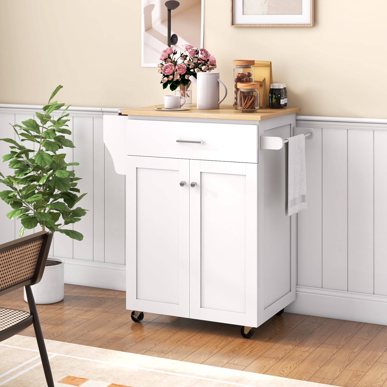 Utility Rolling Storage Cabinet Kitchen Island Cart with Spice Rack, White Kitchen Islands & Carts at Gallery Canada