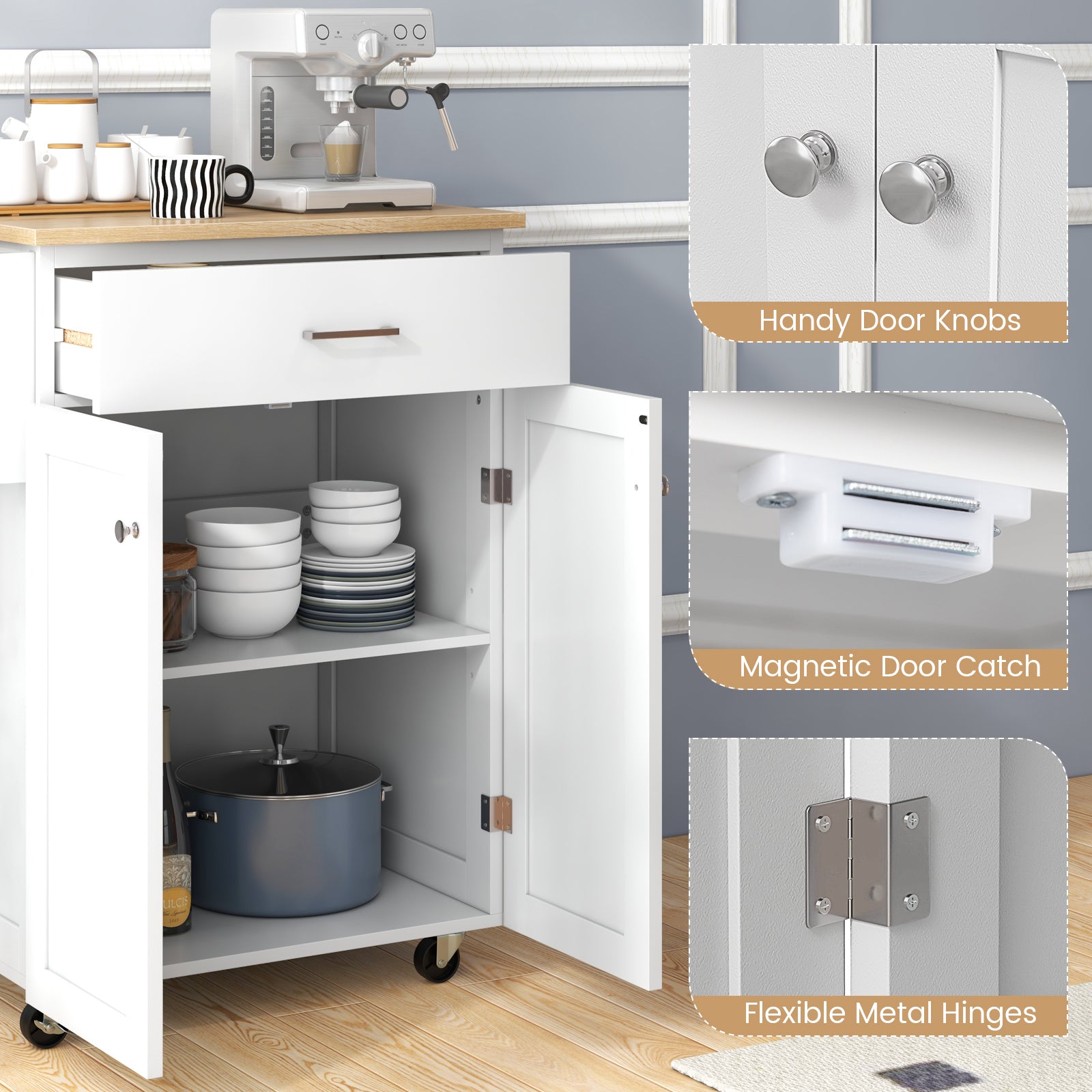 Utility Rolling Storage Cabinet Kitchen Island Cart with Spice Rack, White Kitchen Islands & Carts at Gallery Canada