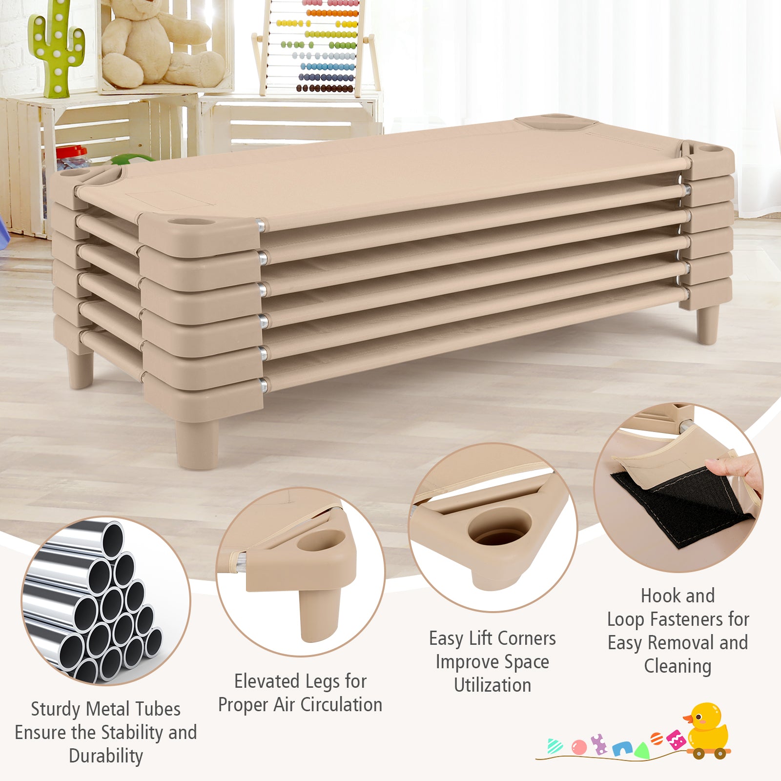 Kids Stackable Daycare Cot Pack of 6 with Detachable Oxford Cloth, Beige Toddler Beds at Gallery Canada