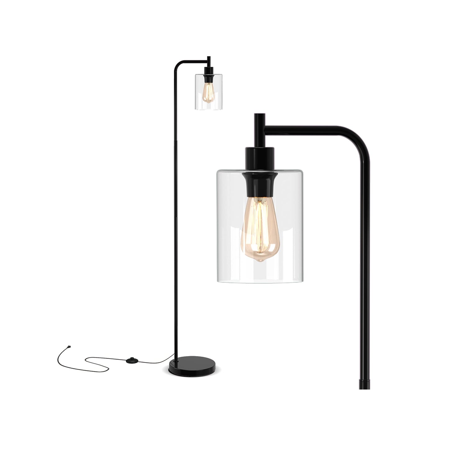 Lampe de sol moderne, abat-jour en verre suspendu, interrupteur au pied, noir