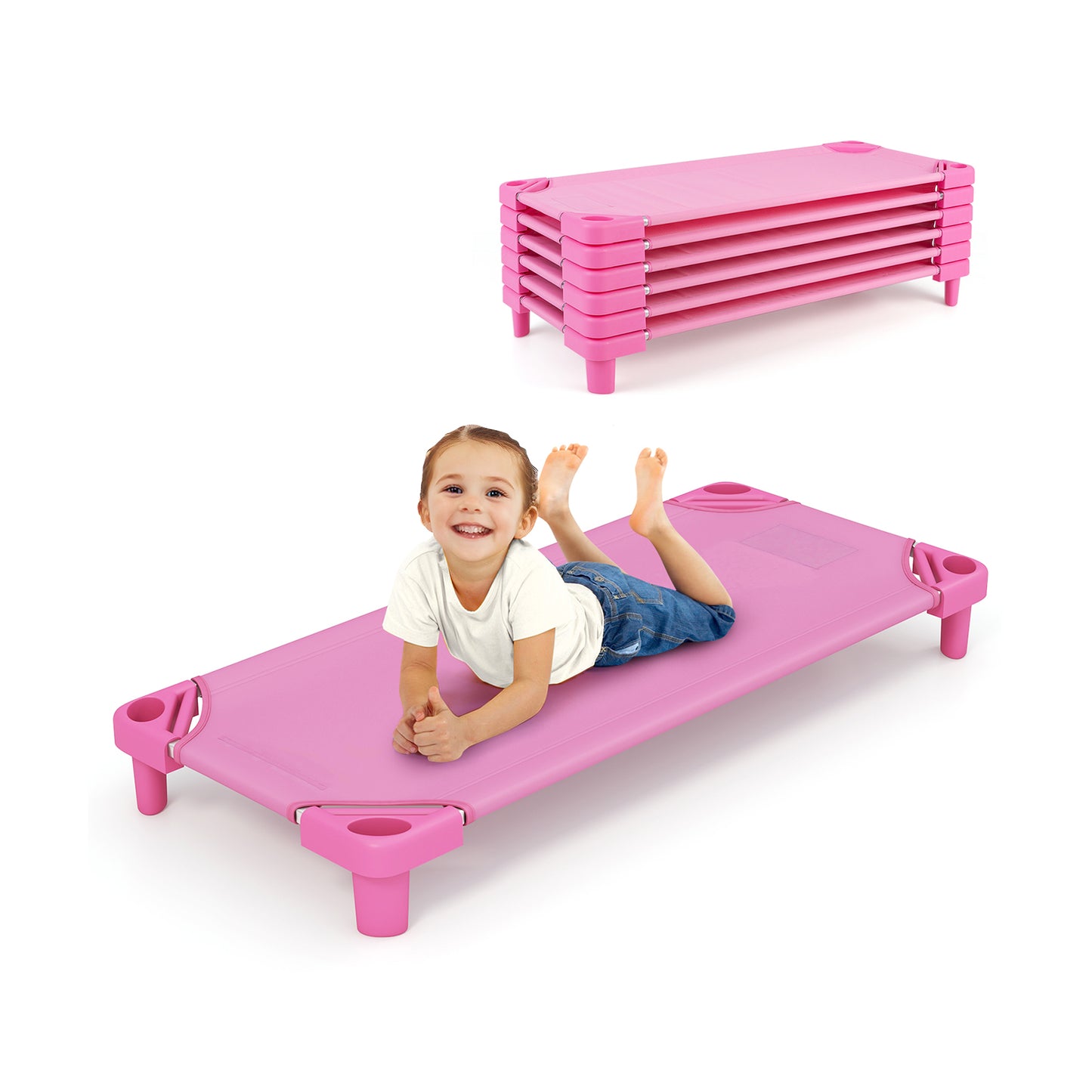 Kids Stackable Daycare Cot Pack of 6 with Detachable Oxford Cloth, Pink Toddler Beds at Gallery Canada
