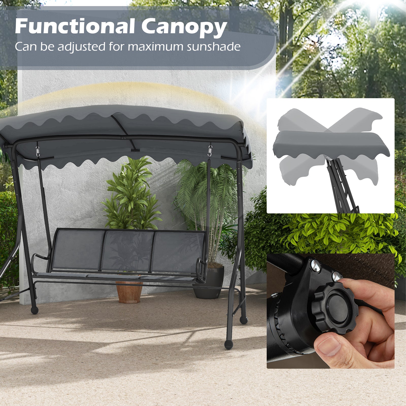 3-Seat Outdoor Porch Canopy Swing with Adjustable Shading, Gray Porch Swings at Gallery Canada