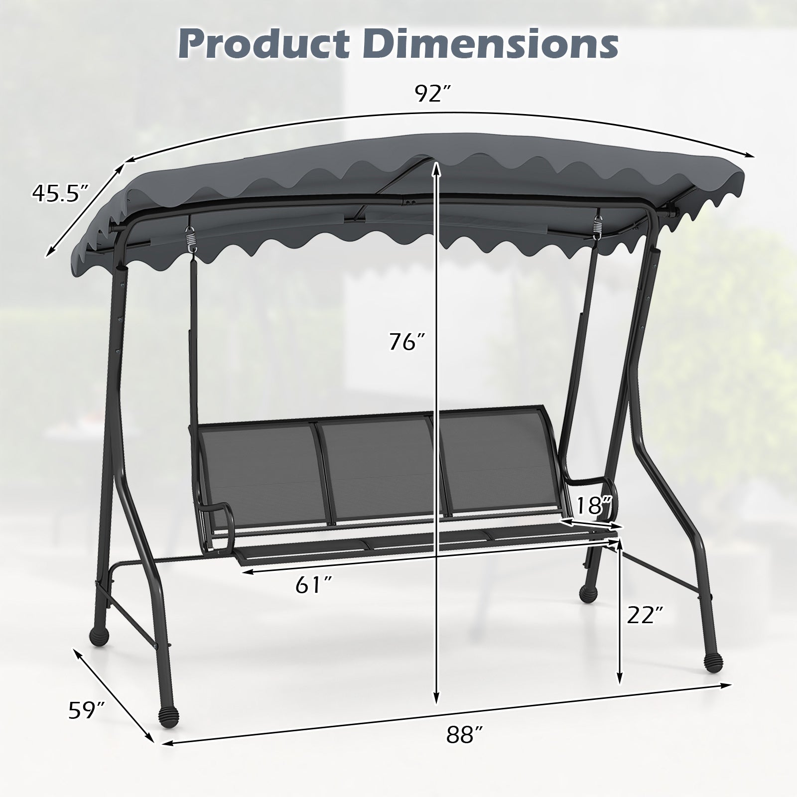 3-Seat Outdoor Porch Canopy Swing with Adjustable Shading, Gray Porch Swings at Gallery Canada