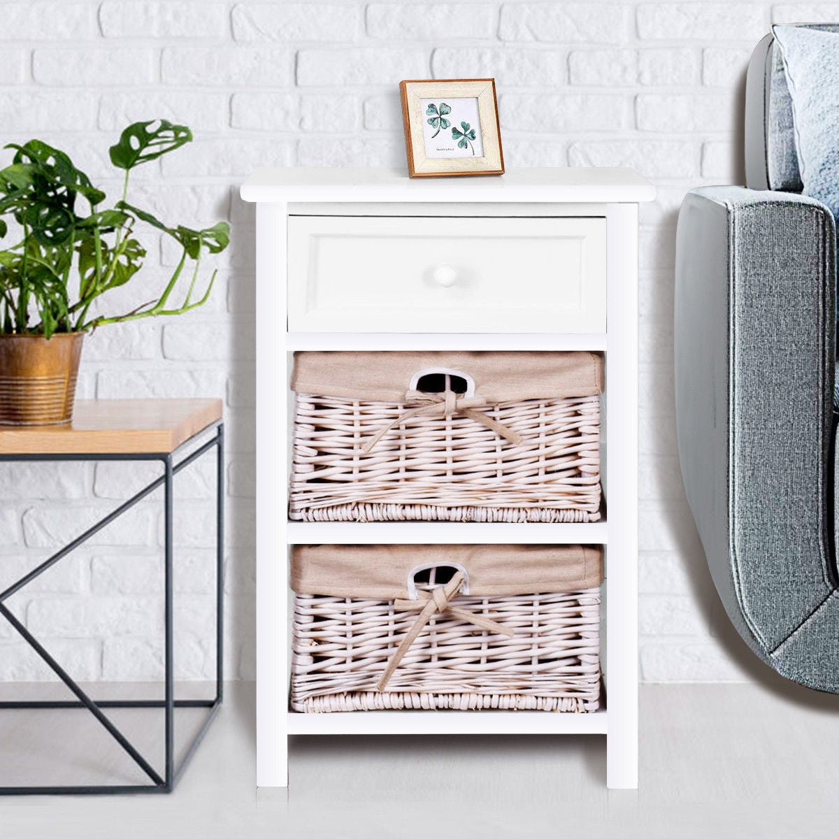 3 Tiers Wooden Storage Nightstand with 2 Baskets and 1 Drawer-white, White Nightstands at Gallery Canada