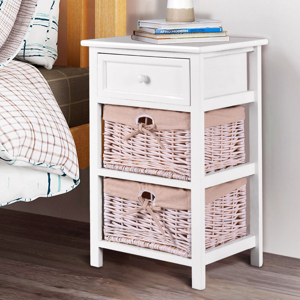 3 Tiers Wooden Storage Nightstand with 2 Baskets and 1 Drawer-white, White Nightstands at Gallery Canada