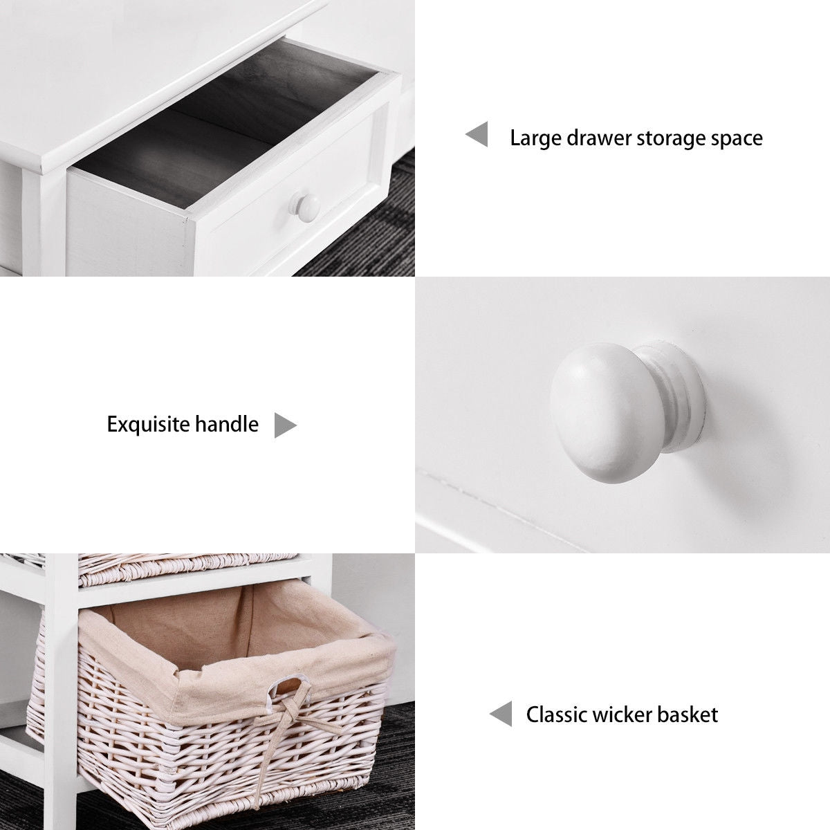 3 Tiers Wooden Storage Nightstand with 2 Baskets and 1 Drawer-white, White Nightstands at Gallery Canada