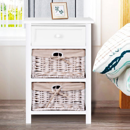 3 Tiers Wooden Storage Nightstand with 2 Baskets and 1 Drawer-white, White Nightstands at Gallery Canada