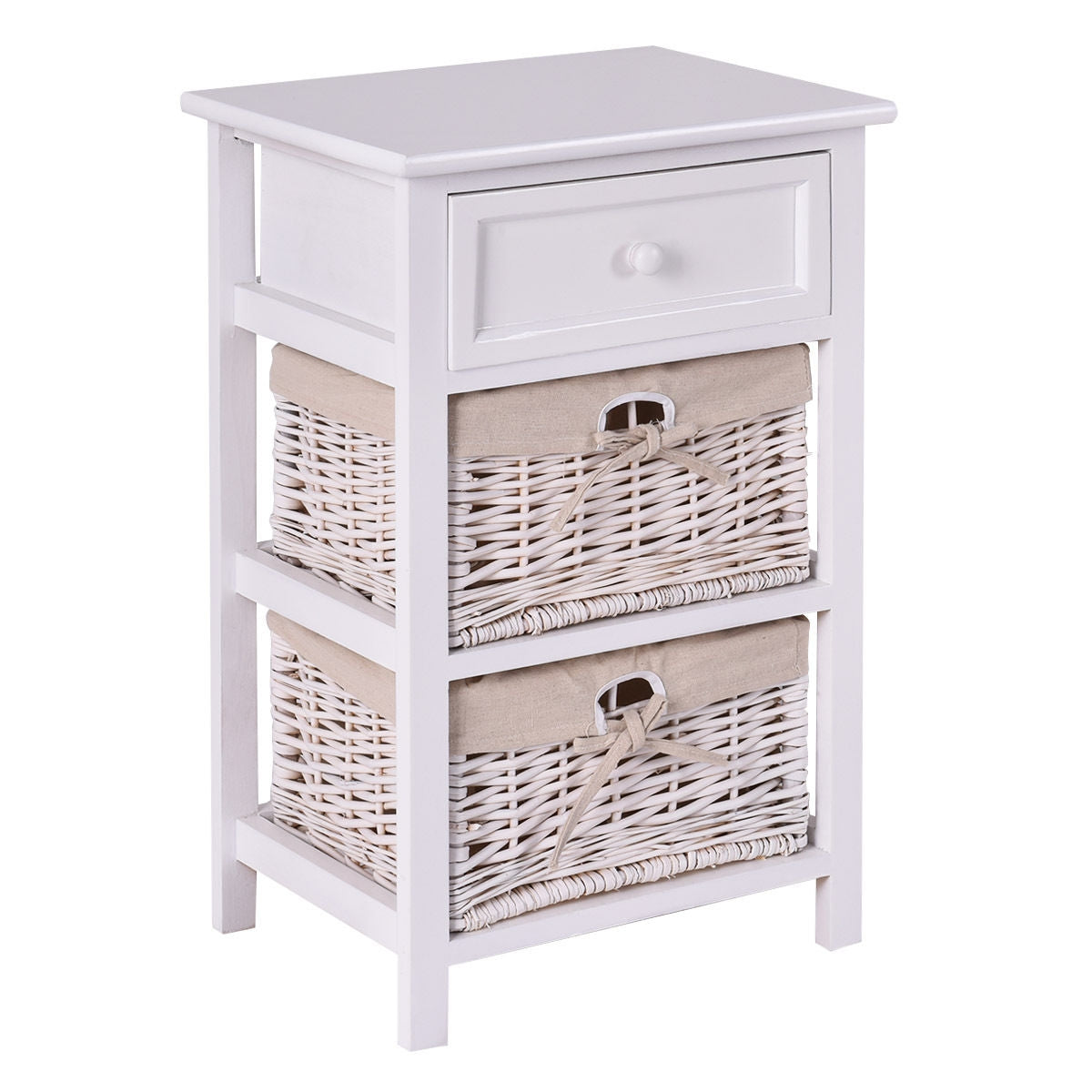 3 Tiers Wooden Storage Nightstand with 2 Baskets and 1 Drawer-white, White Nightstands at Gallery Canada