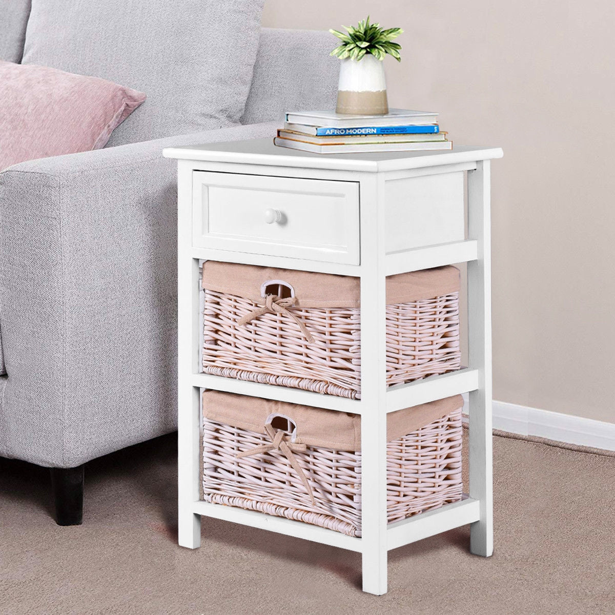 3 Tiers Wooden Storage Nightstand with 2 Baskets and 1 Drawer-white, White Nightstands at Gallery Canada