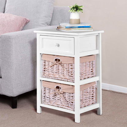 3 Tiers Wooden Storage Nightstand with 2 Baskets and 1 Drawer-white, White Nightstands at Gallery Canada