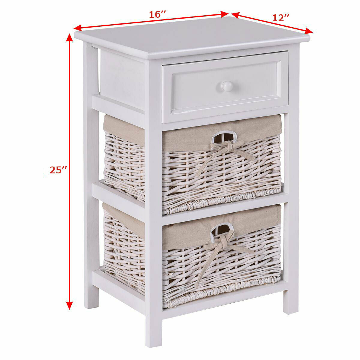 3 Tiers Wooden Storage Nightstand with 2 Baskets and 1 Drawer-white, White Nightstands at Gallery Canada