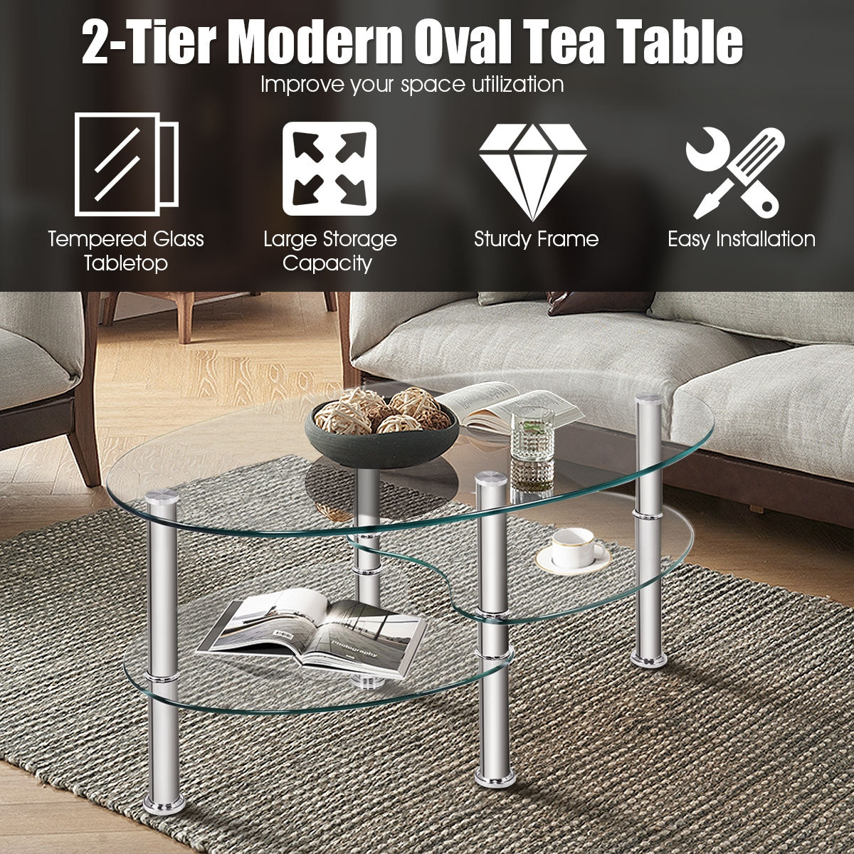 Tempered Glass Oval Side Coffee Table, Transparent Coffee Tables at Gallery Canada