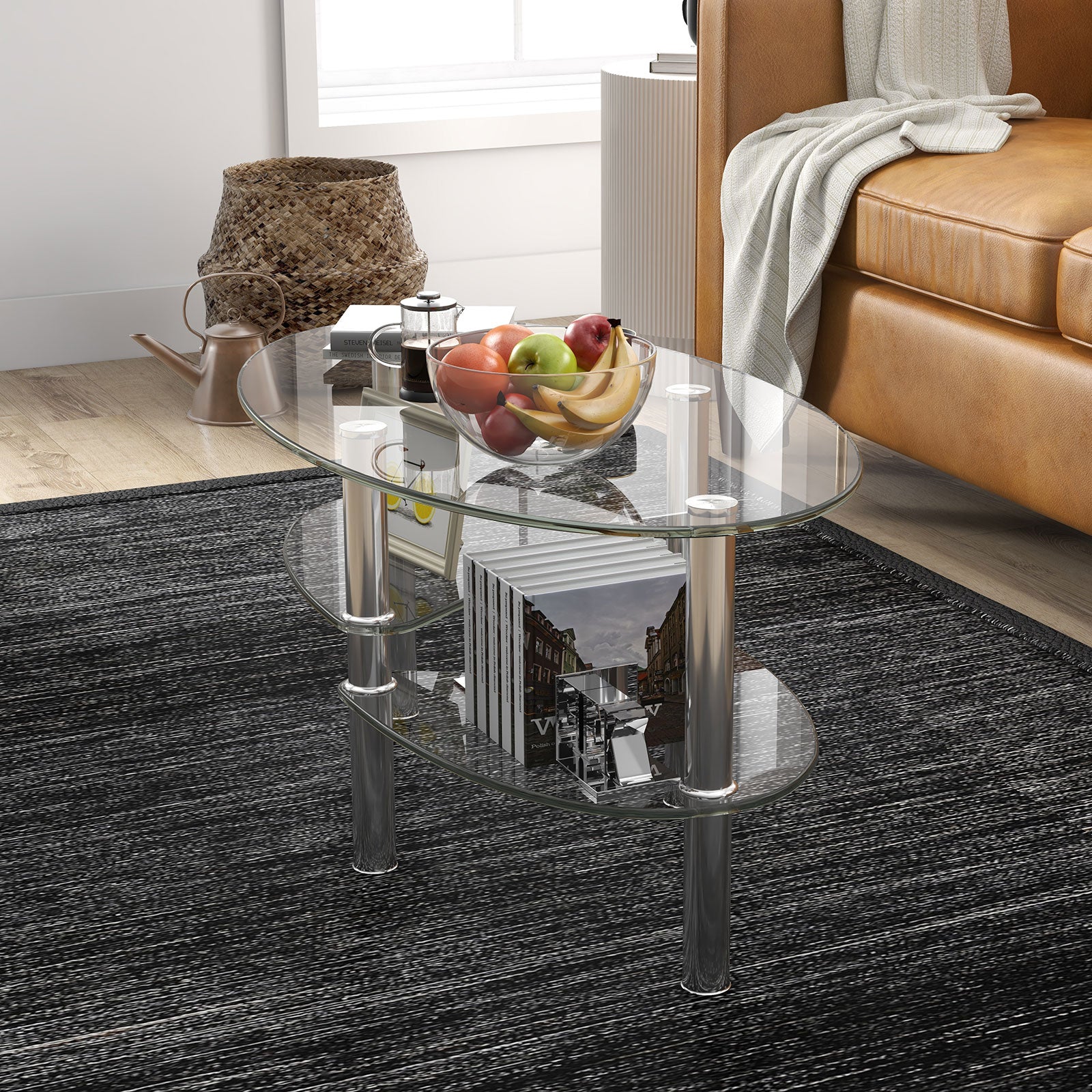 Tempered Glass Oval Side Coffee Table, Transparent Coffee Tables at Gallery Canada