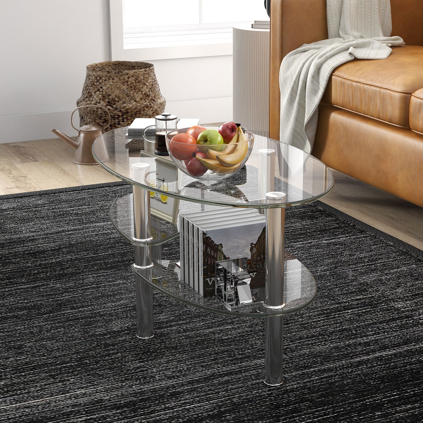 Tempered Glass Oval Side Coffee Table, Transparent Coffee Tables at Gallery Canada