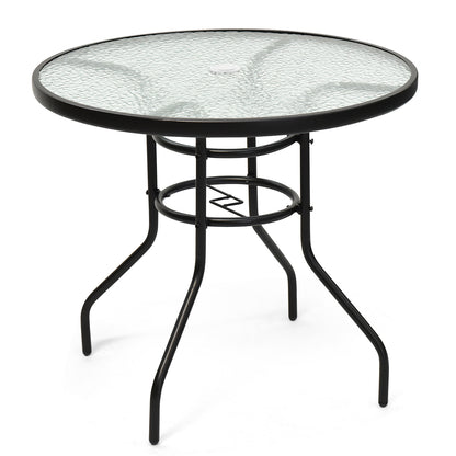 32 Inch Round Patio Table, Tempered Glass Steel Frame, Umbrella Hole, Black